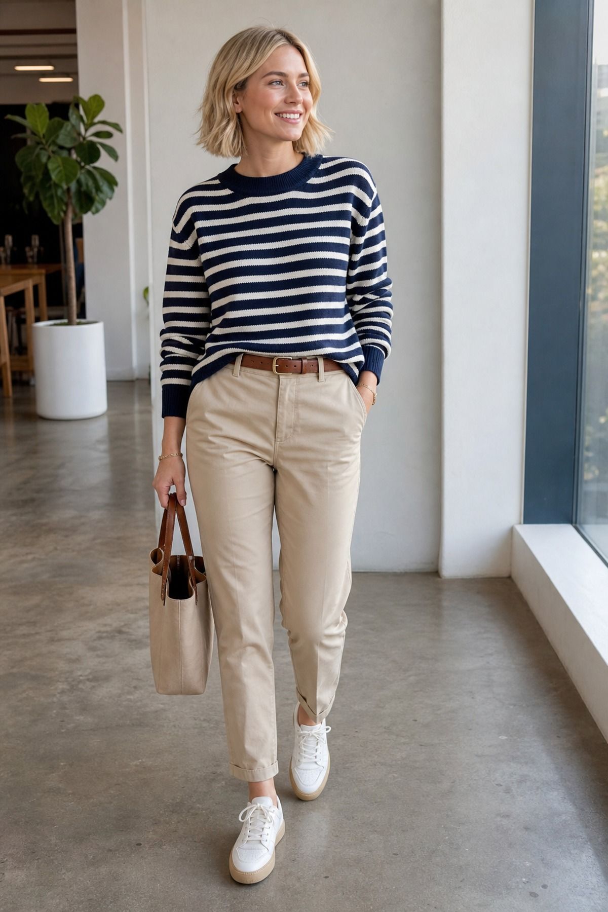 Woman in a navy and white striped knit sweater, beige chinos with a brown belt, white sneakers and a tan tote bag in an office lobby