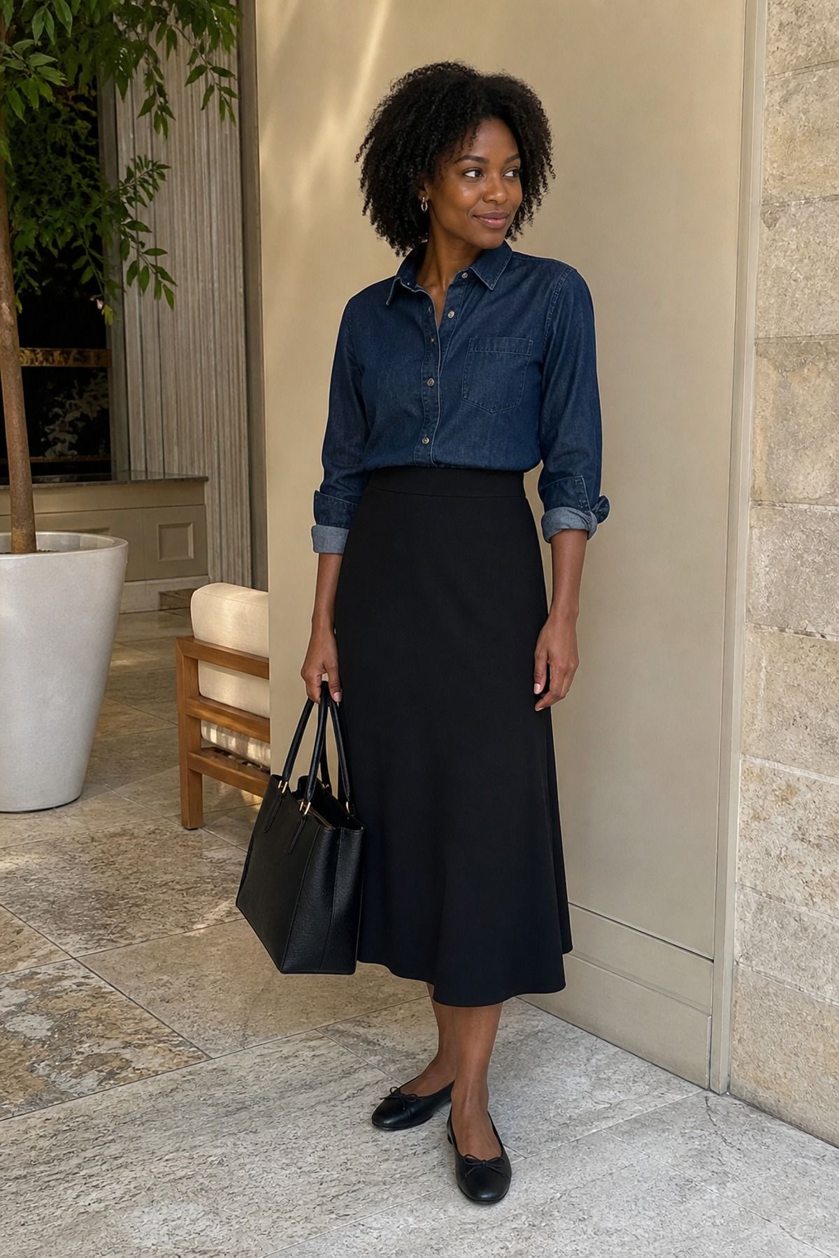 Woman in a dark denim shirt with rolled sleeves tucked into a black midi skirt with black flats and a black tote by a stone wall
