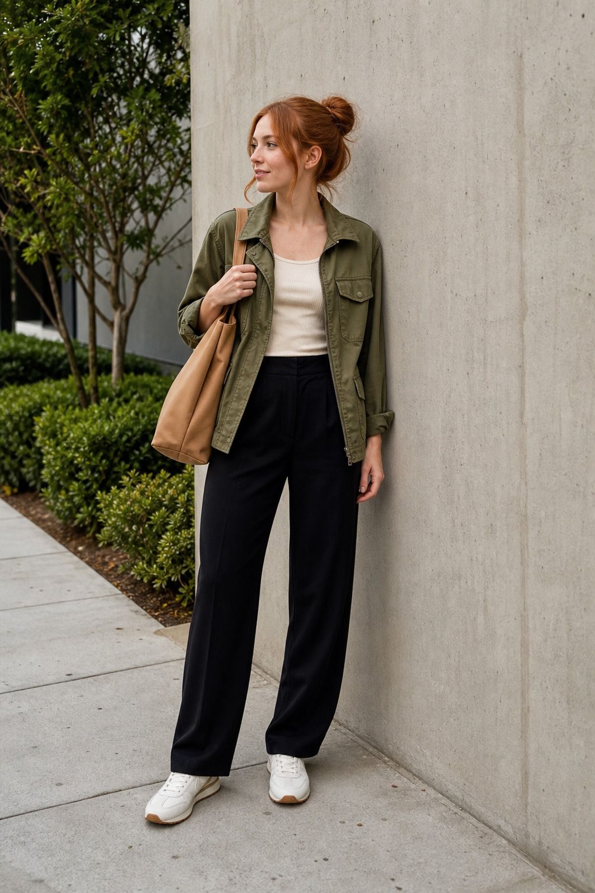 Woman in an olive utility jacket over a white tee with black wide trousers, white sneakers and a tan bag by a concrete wall and hedge