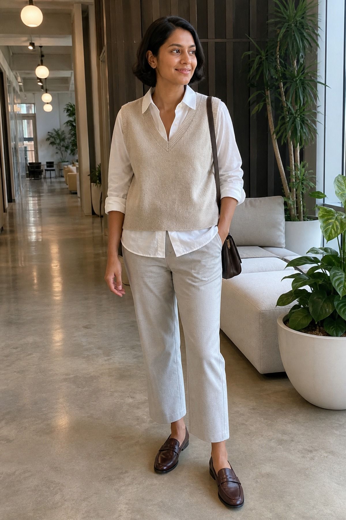 Woman in a cream sweater vest over a white button-down shirt with light trousers, brown loafers and a dark shoulder bag in an office lounge