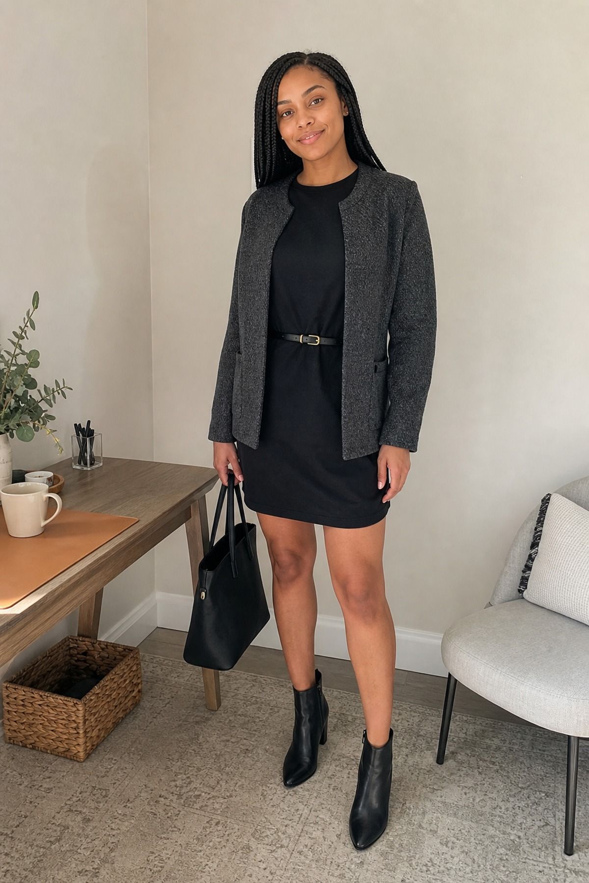 Woman in a black belted t-shirt dress with a charcoal structured cardigan, black ankle boots and a black tote next to a small desk