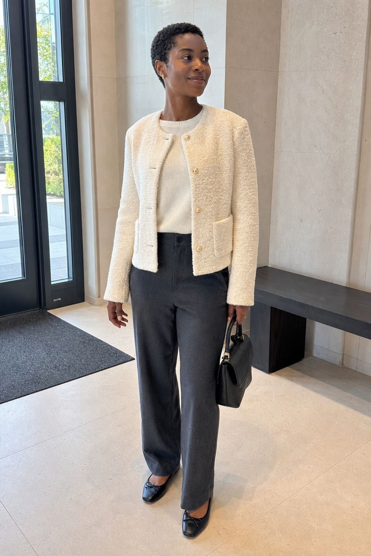 Woman in a cream textured cardigan jacket and cream top with charcoal straight pants, black flats and a small black bag in an office entrance
