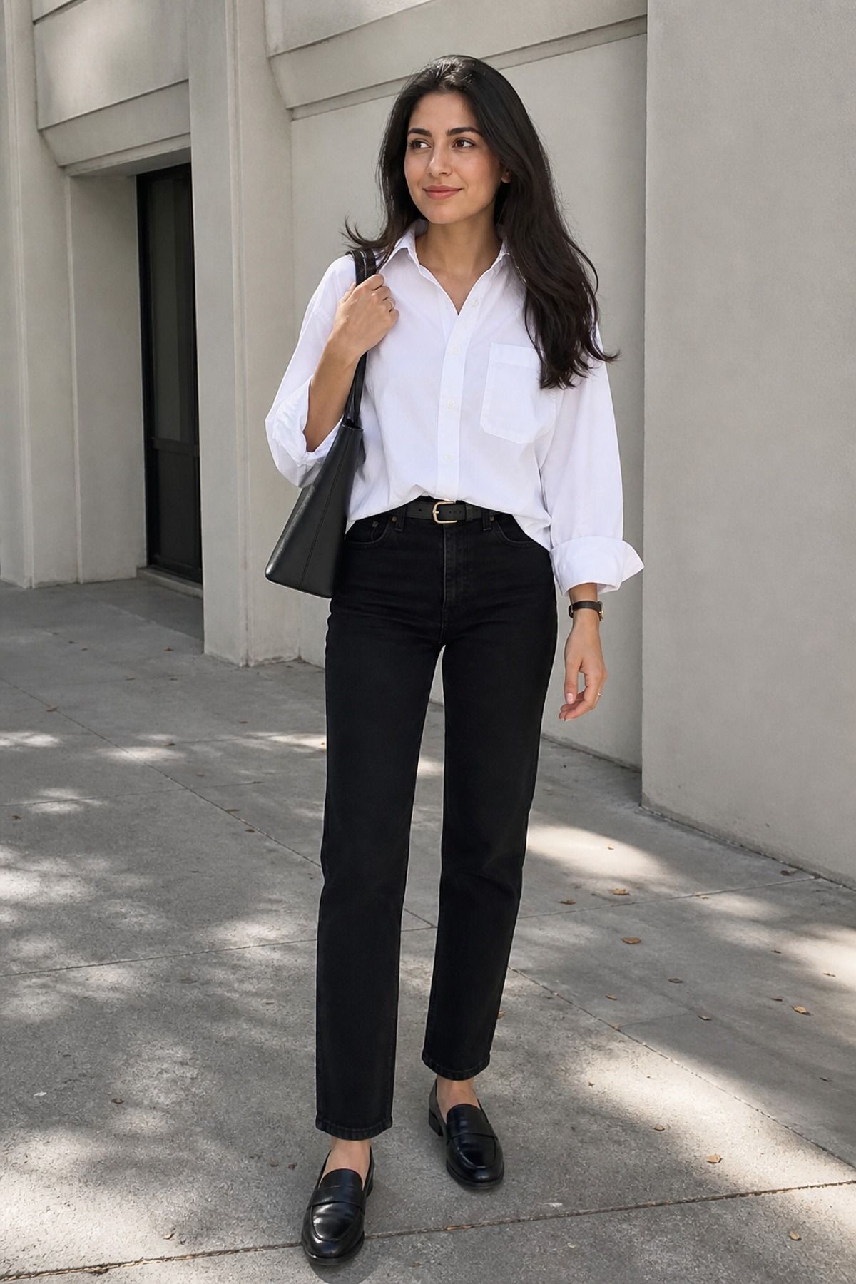 Woman in a crisp white poplin shirt tucked into black straight jeans with a black belt, black loafers and a black shoulder bag on a sunny sidewalk