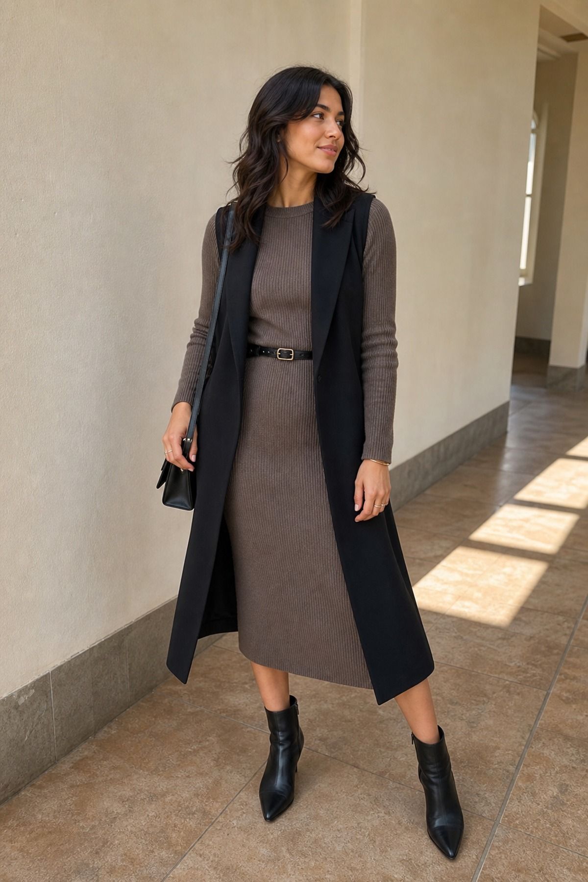 Woman in a brown knit midi dress with a black belt, a long black sleeveless vest and black ankle boots in a sunny hallway