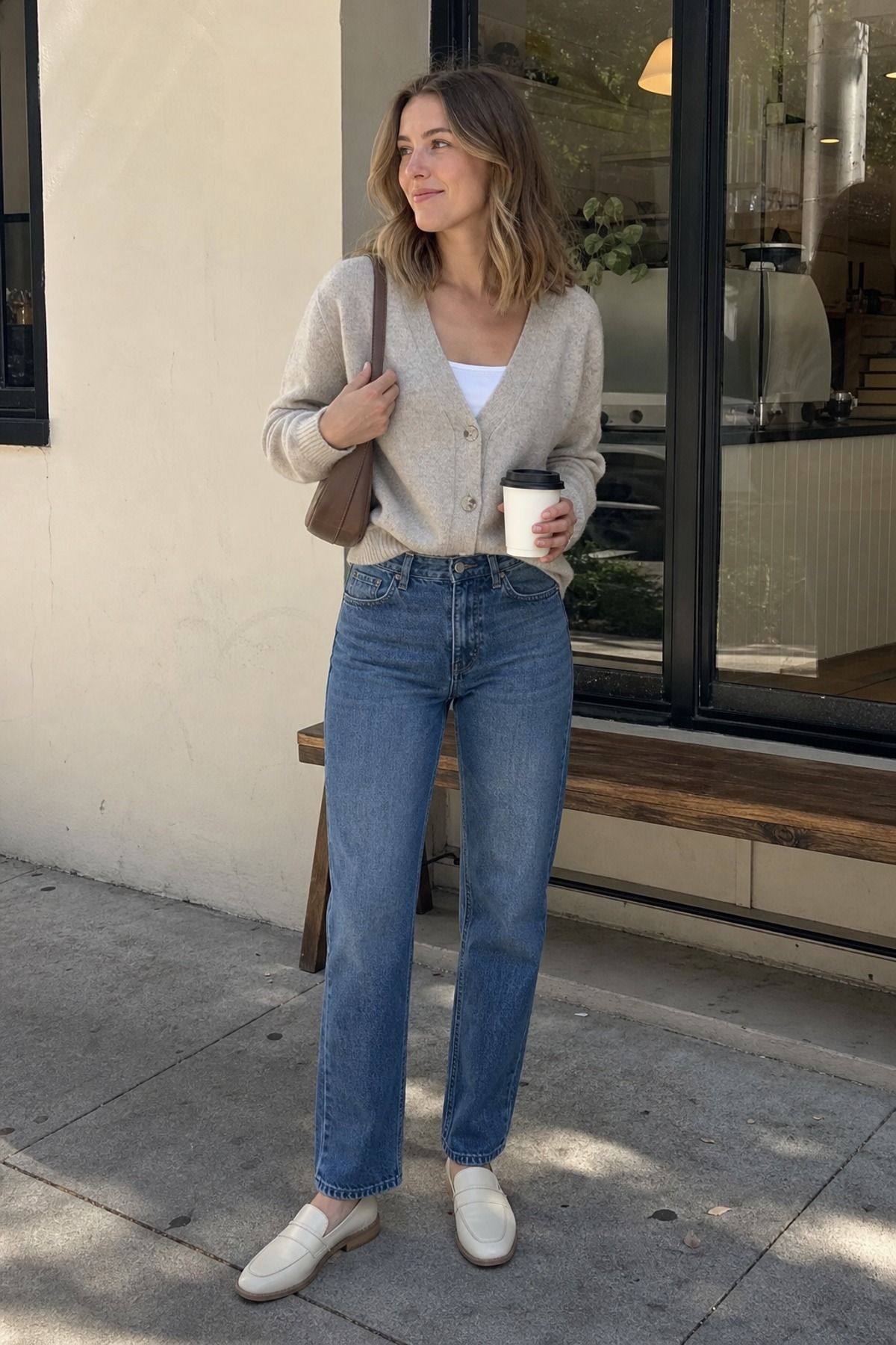 Woman wearing straight jeans with a soft cardigan, a coffee date outfit