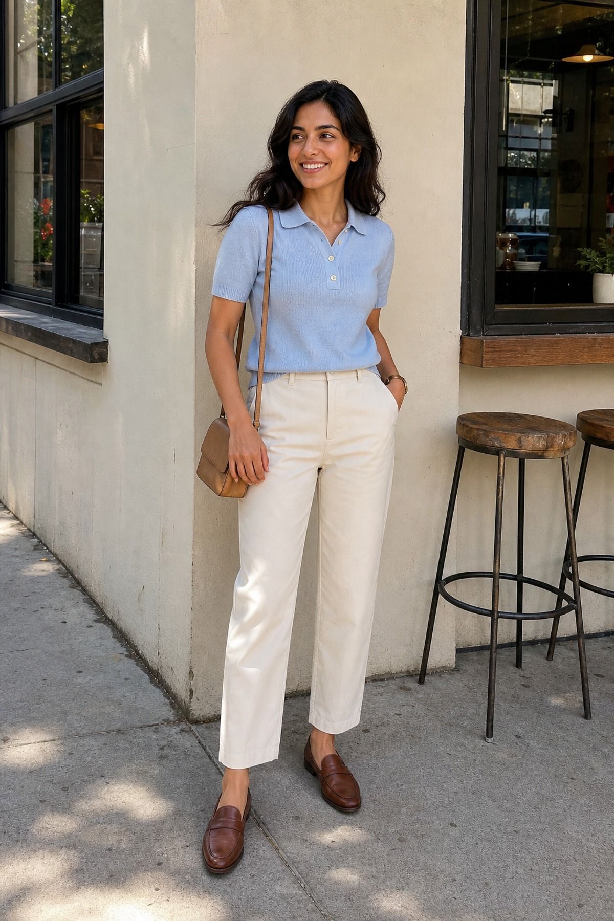 Woman wearing a knit polo with straight pants, a coffee date outfit