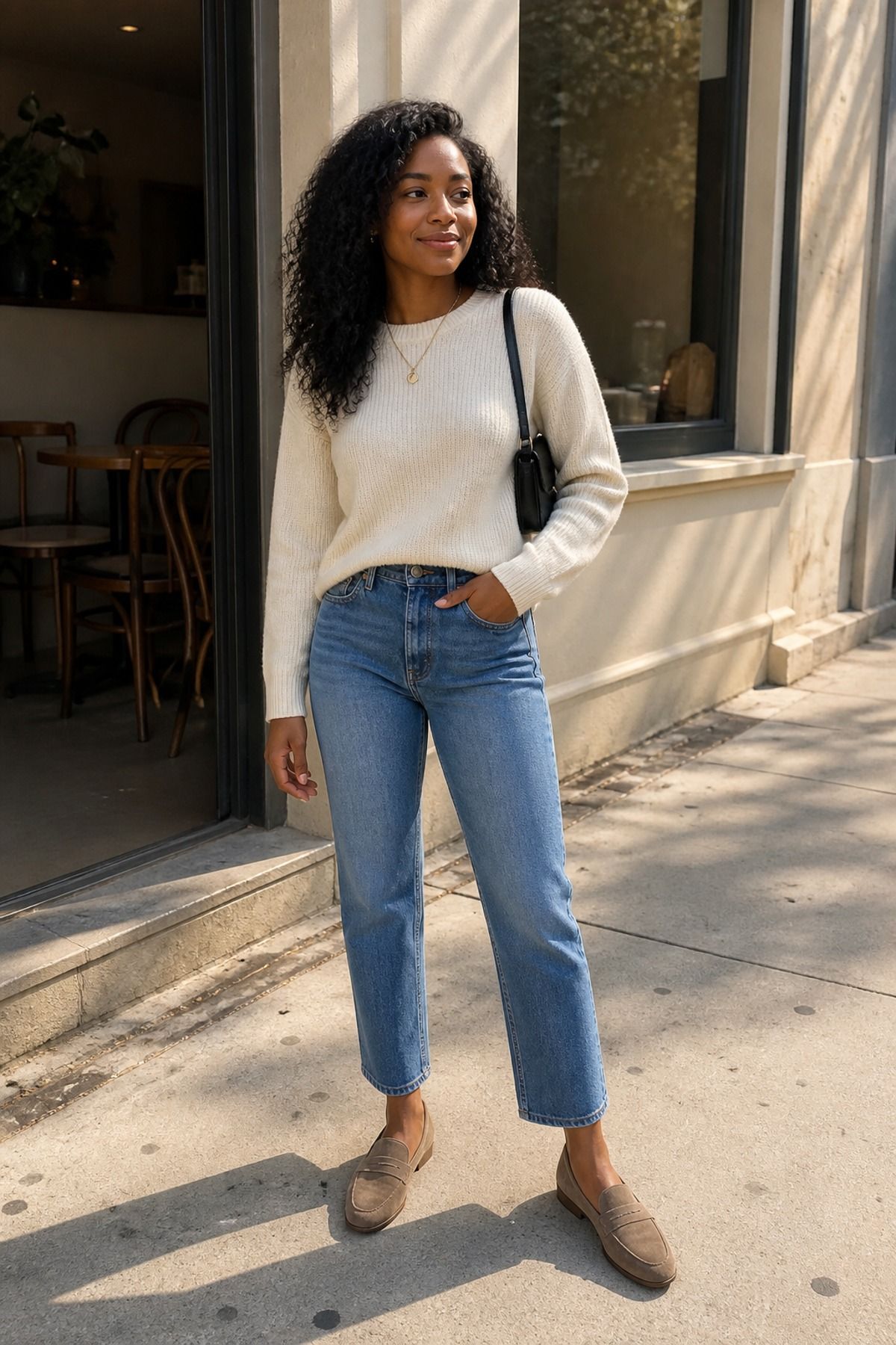 Woman wearing a cream sweater with blue jeans, a coffee date outfit