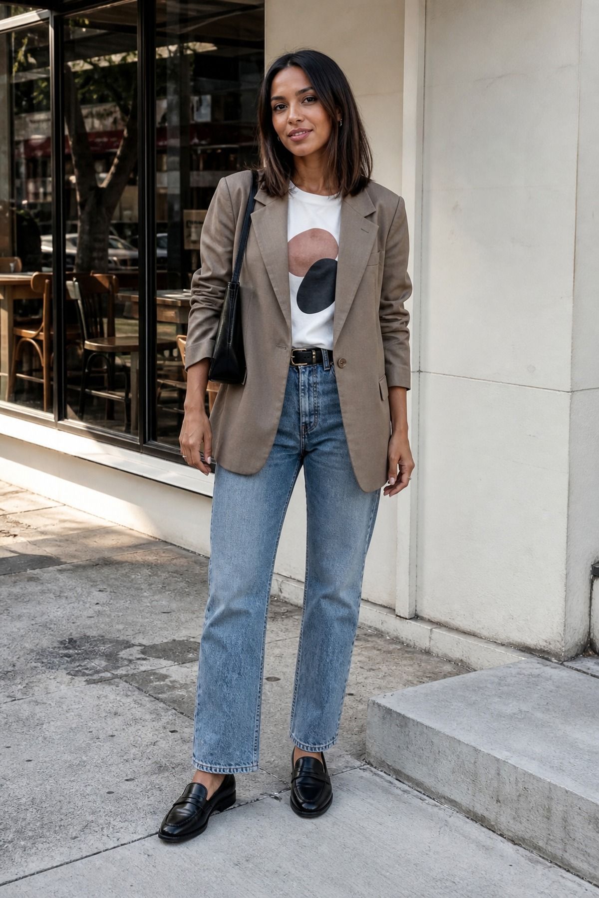 Woman wearing a blazer with a graphic tee, a coffee date outfit
