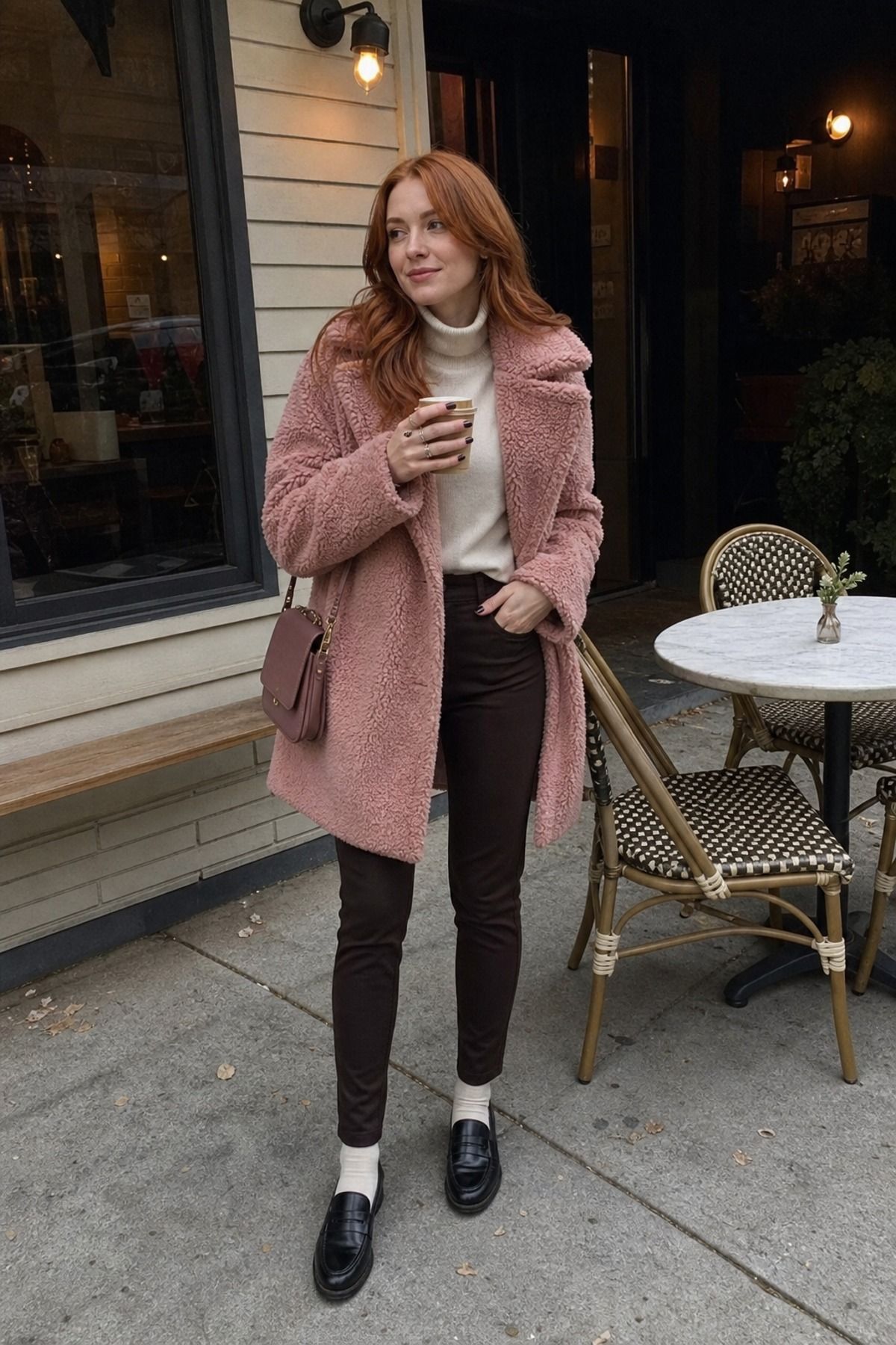 Woman wearing a teddy coat with slim pants, a cozy winter outfit