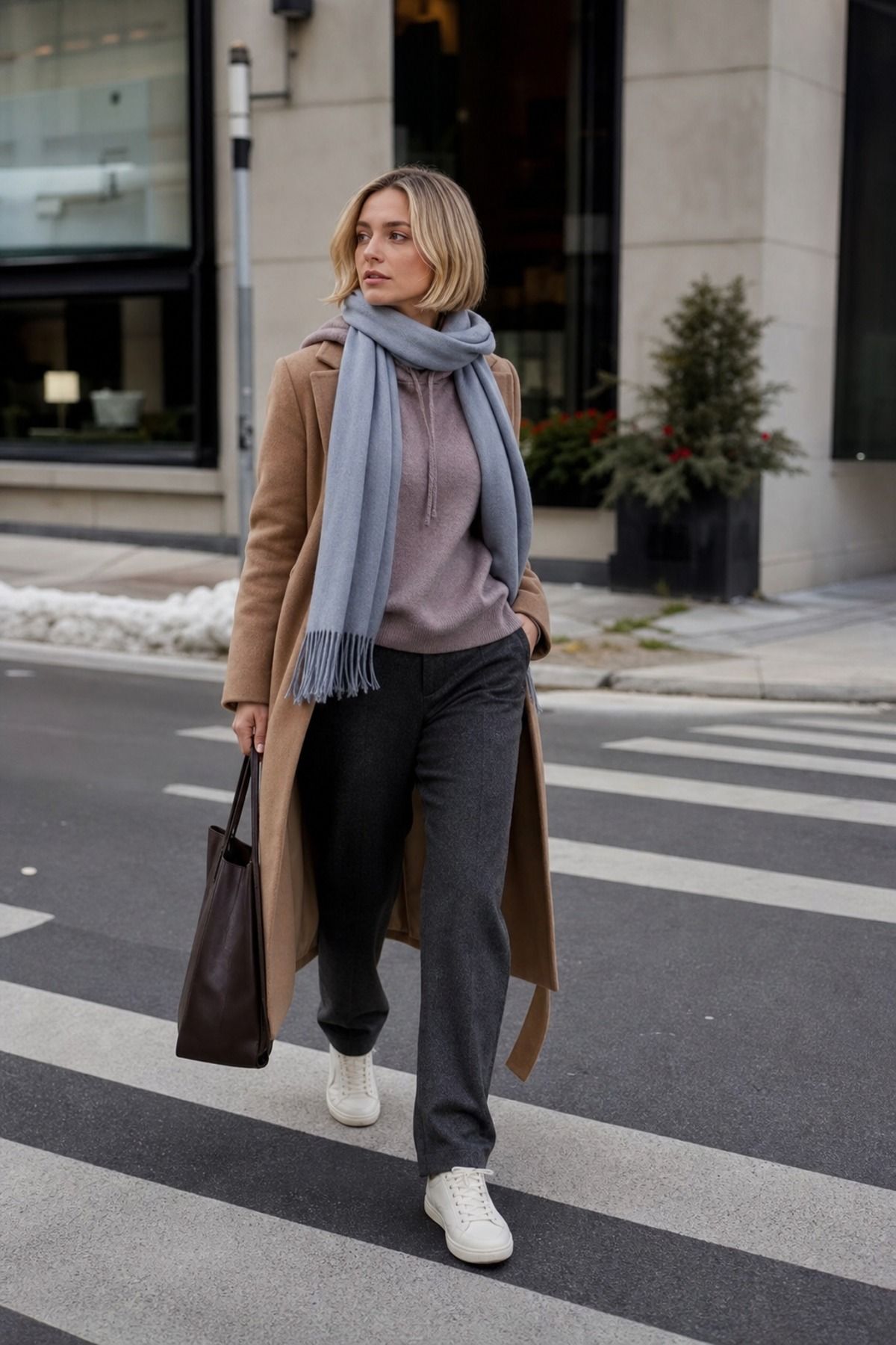 Woman wearing a cashmere hoodie with wool trousers, a cozy winter outfit