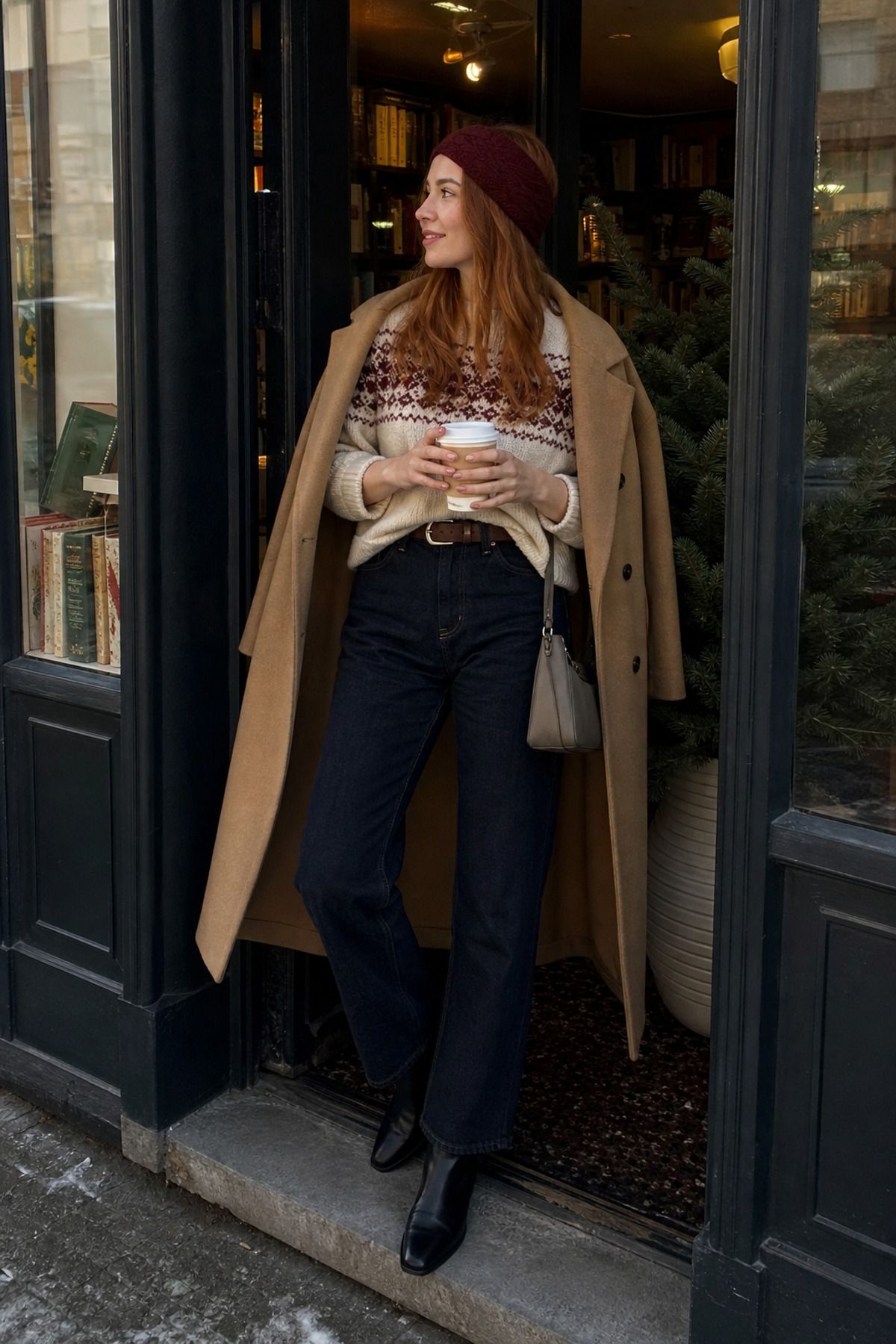 Woman wearing a fair isle sweater with dark denim, a cozy winter outfit