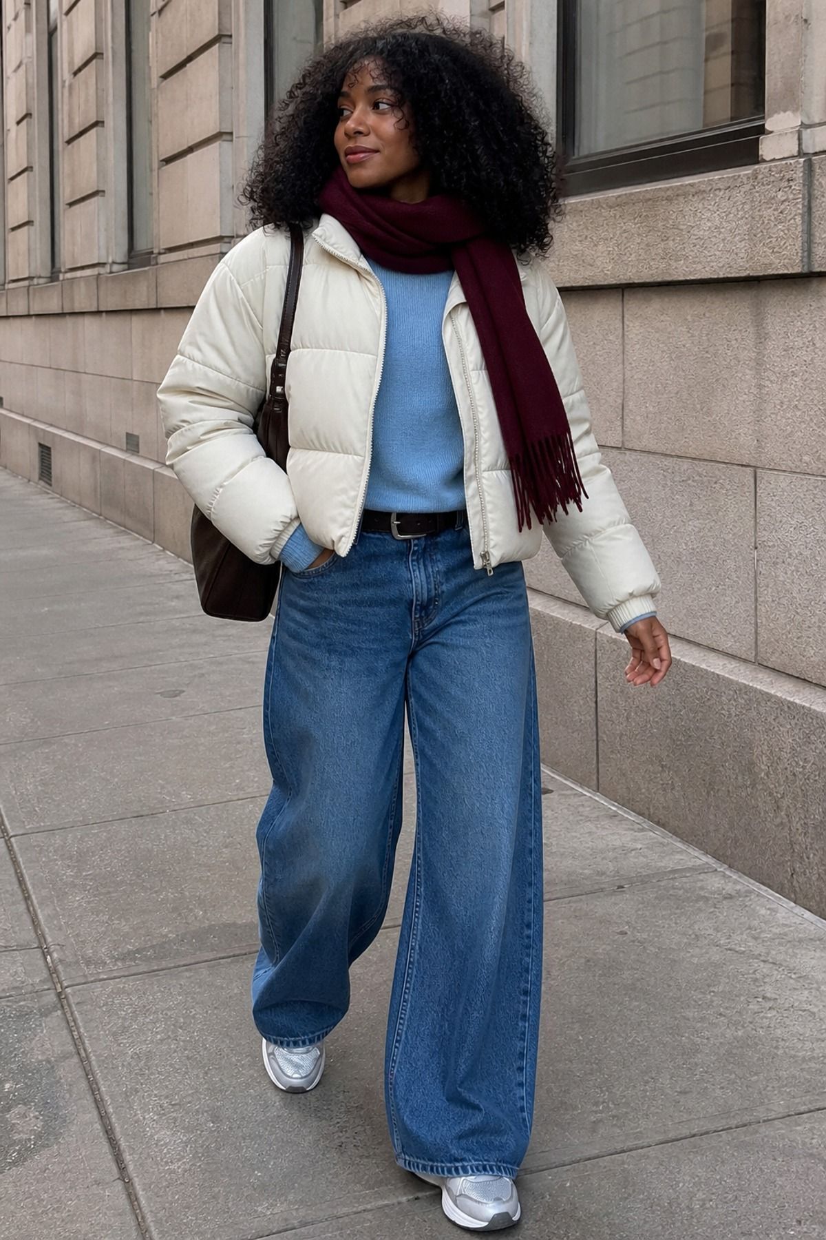 Woman wearing a puffer jacket with wide-leg jeans, a cozy winter outfit