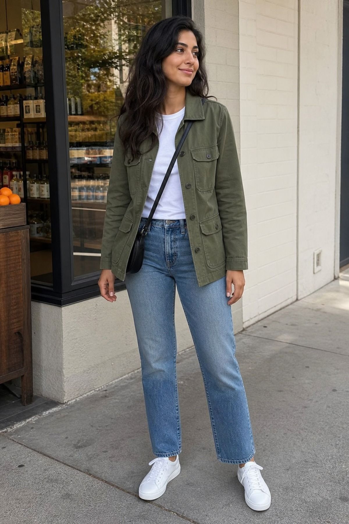 Woman wearing an utility jacket with straight jeans, an errand outfit