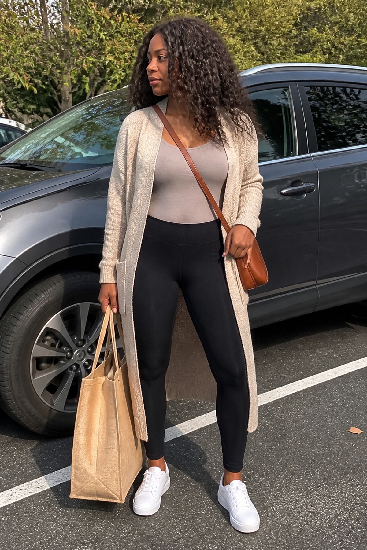 Woman wearing leggings with a long cardigan, an errand outfit