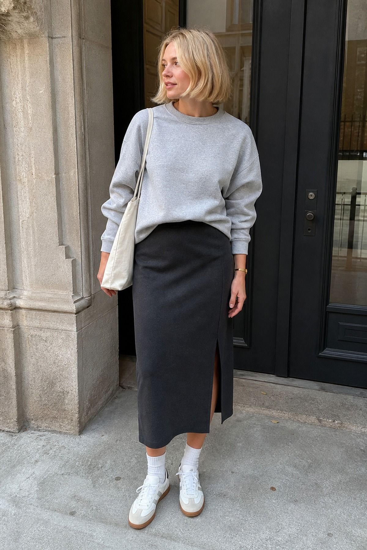 Woman wearing a straight skirt with a sweatshirt, an errand outfit