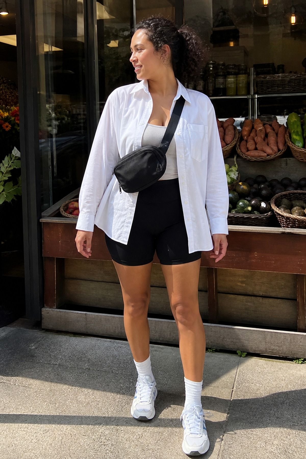 Woman wearing bike shorts with a poplin shirt, an errand outfit