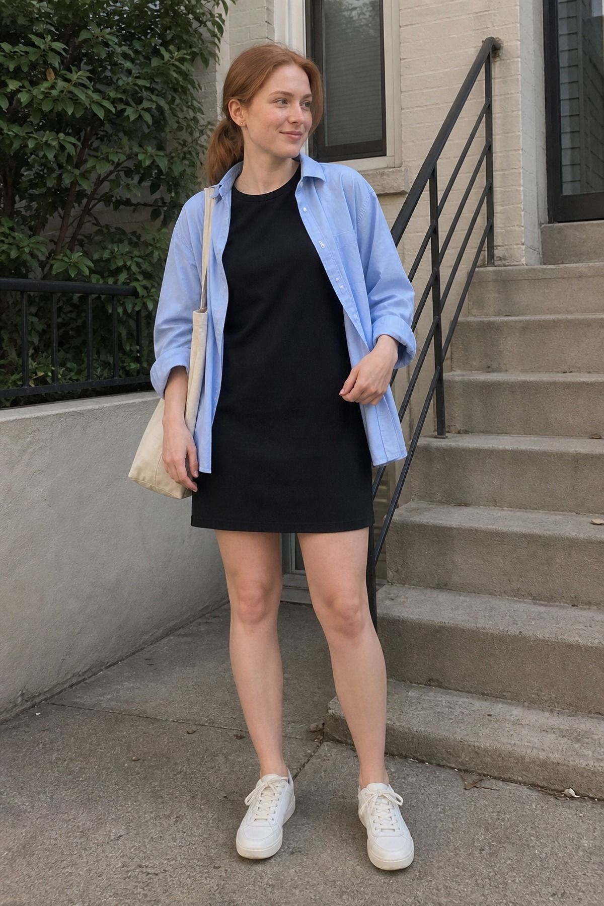 Woman wearing a tee dress with a button down, an errand outfit