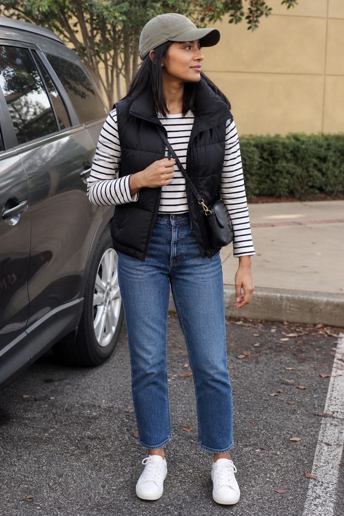 Woman wearing a puffer vest with jeans and sneakers, an errand outfit