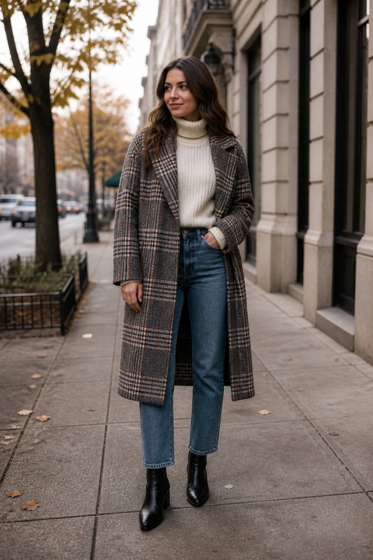 Woman in a brown and gray plaid long coat over a cream turtleneck with mid-blue straight cropped jeans and black ankle boots on an autumn street