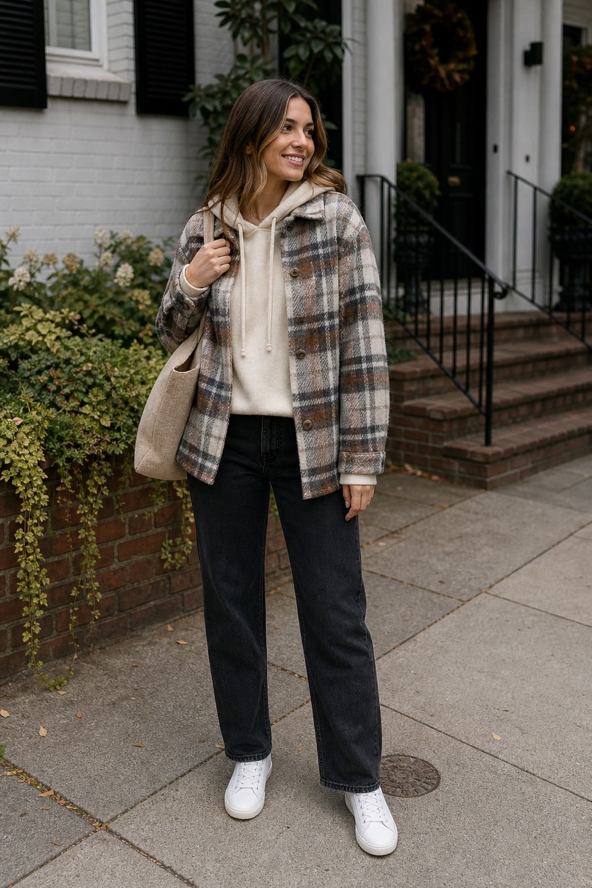 Woman in a plaid flannel shacket over a cream hoodie with black jeans, white sneakers and a cream bag by brownstone steps