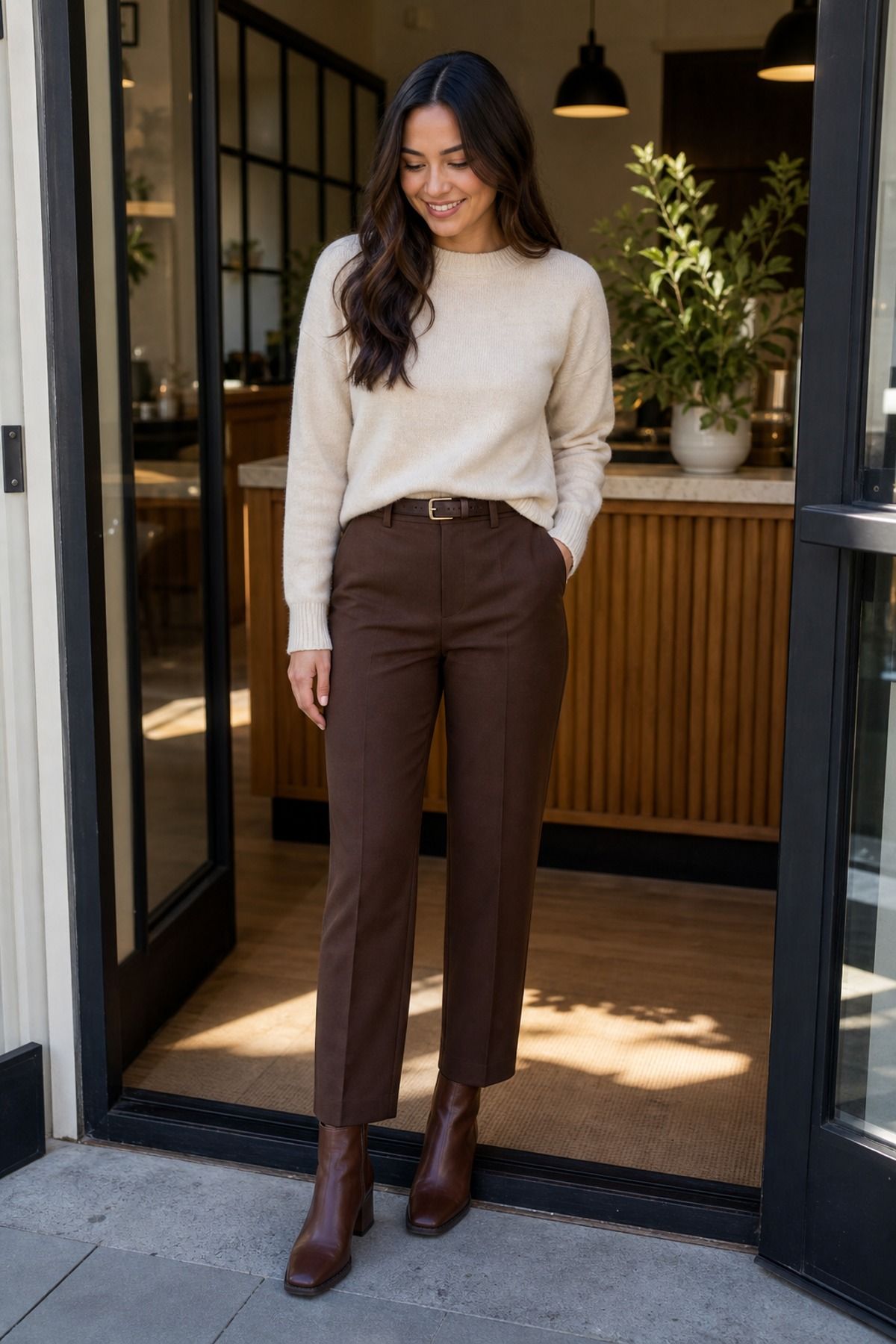 Woman in a cream sweater tucked into chocolate brown straight trousers with a brown belt and brown ankle boots in a cafe doorway