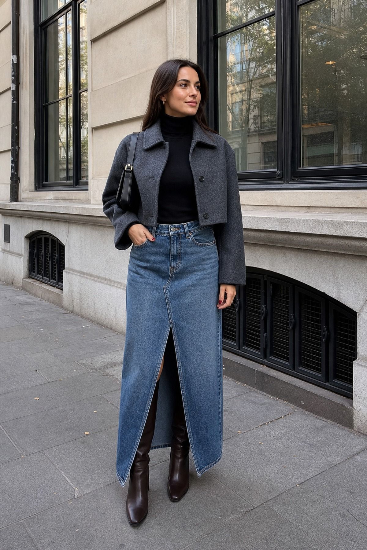 Woman in a gray cropped wool jacket over a black turtleneck with a denim maxi skirt with a front slit and dark brown tall boots
