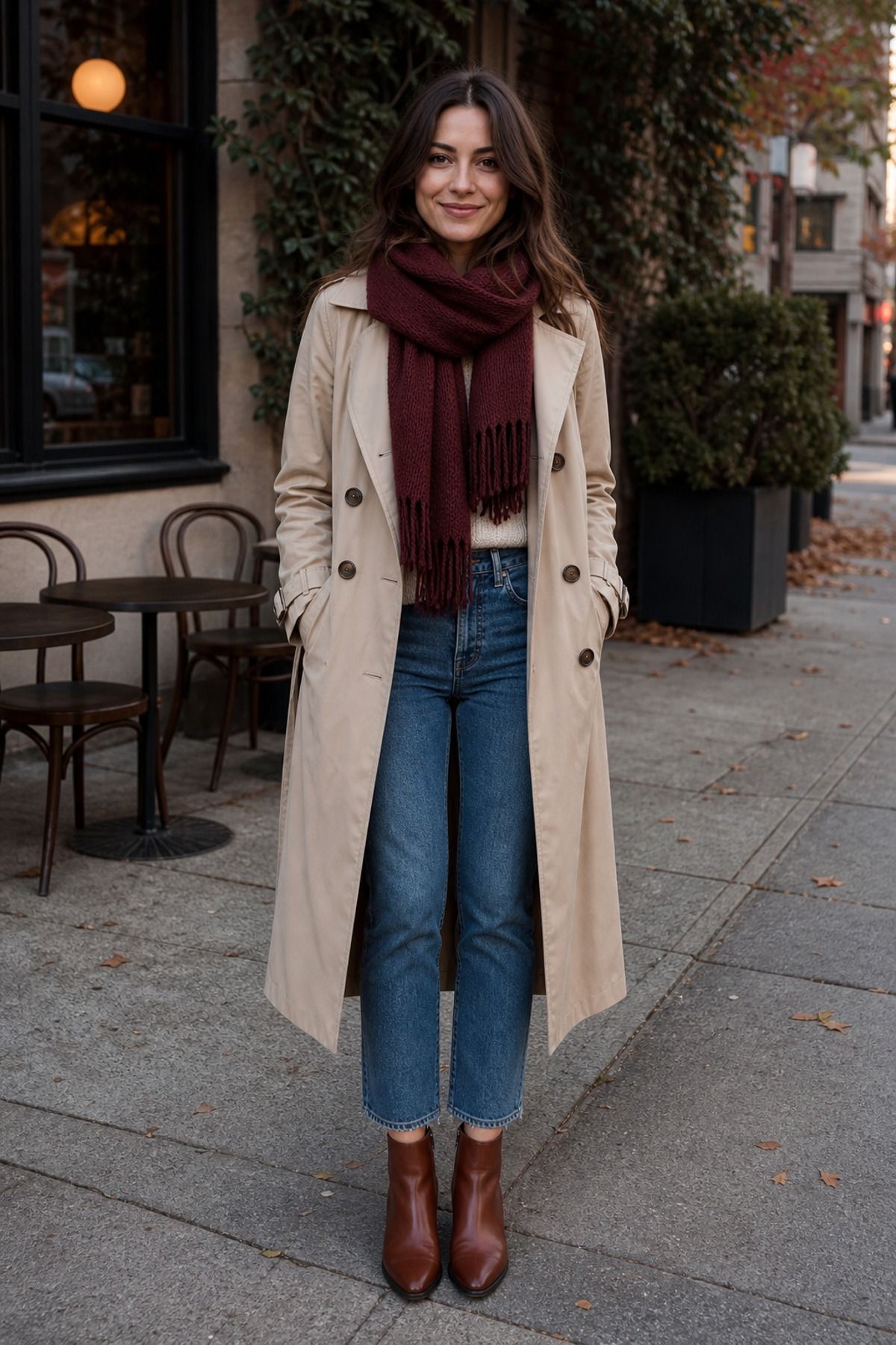 Woman in a beige trench coat with a long burgundy scarf, mid-blue straight jeans and brown ankle boots on a cafe sidewalk