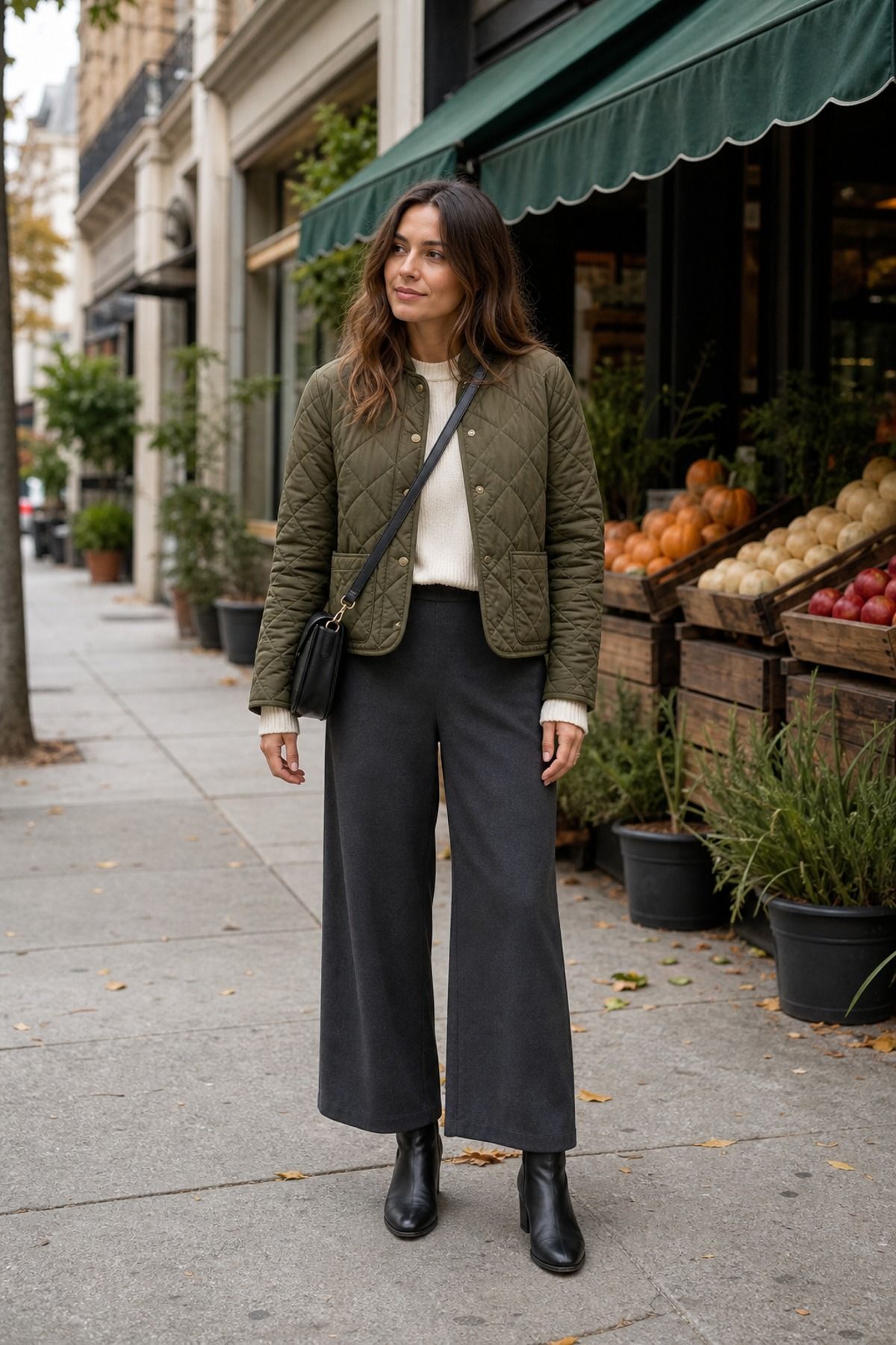 Woman in an olive quilted jacket over a cream top with charcoal wide-leg pants, black ankle boots and a crossbody bag on a market street