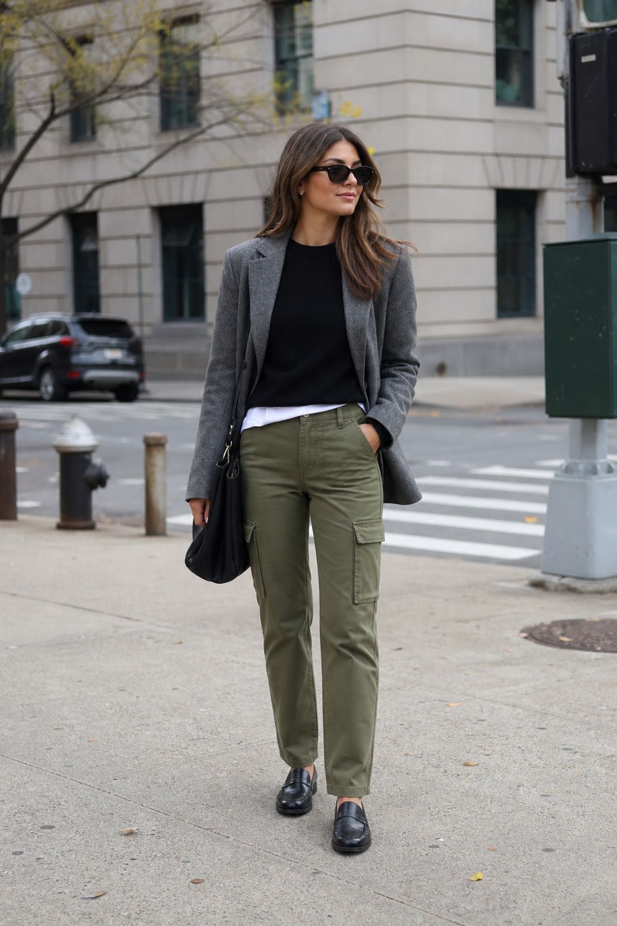 Woman in a gray wool blazer over a black tee with olive cargo pants, black loafers and a black bag on a city street corner