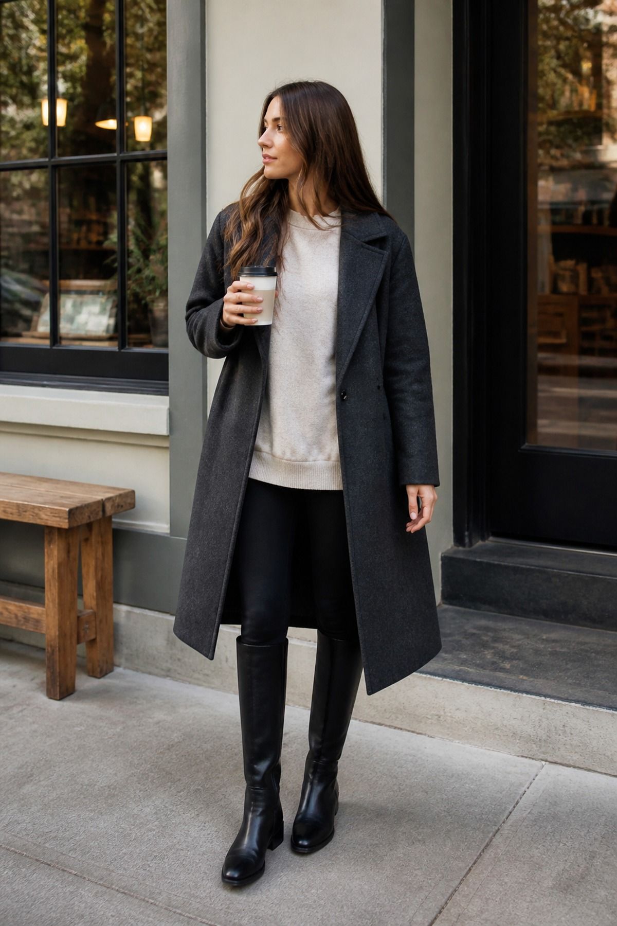 Woman in a charcoal long coat over a cream sweatshirt with black leggings and black tall boots holding a coffee cup