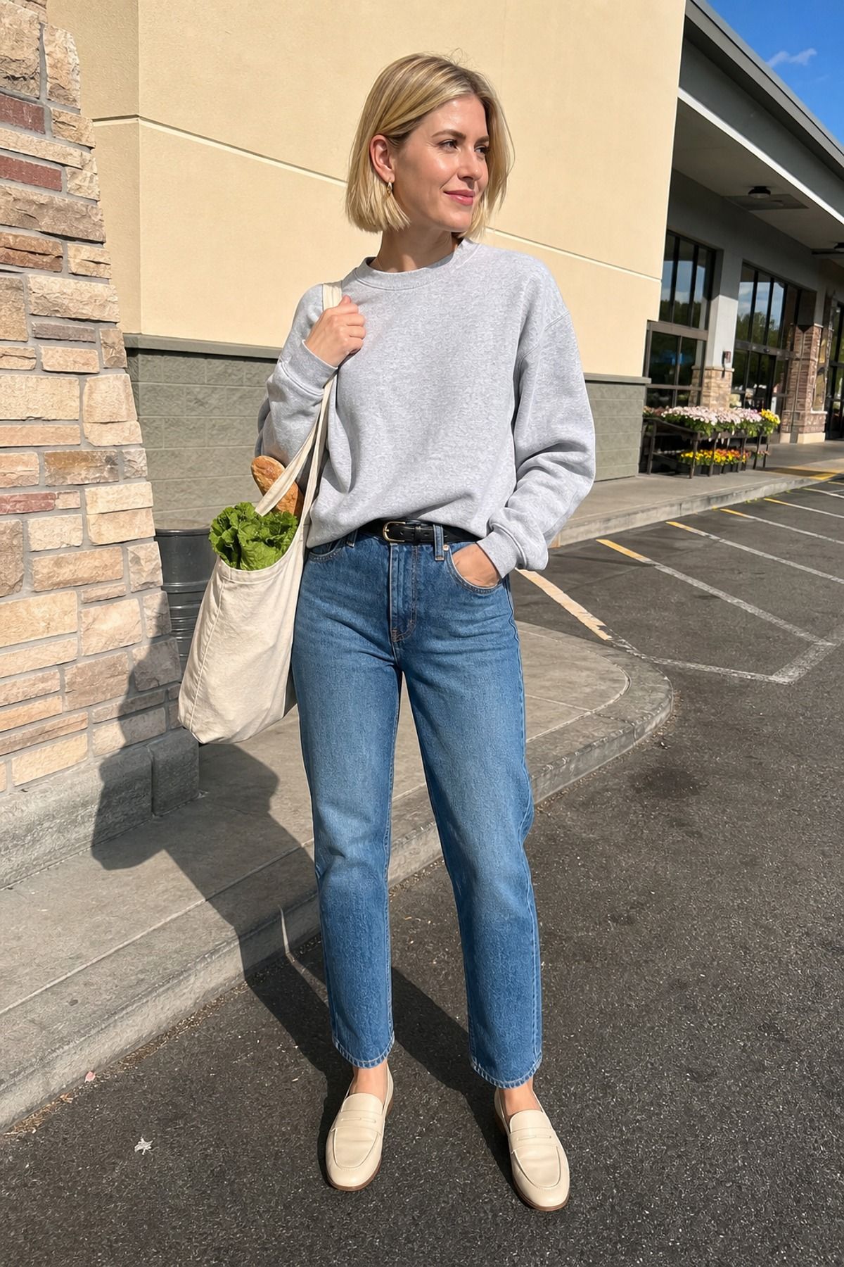 Woman wearing straight jeans with a crewneck sweatshirt, a grocery store outfit