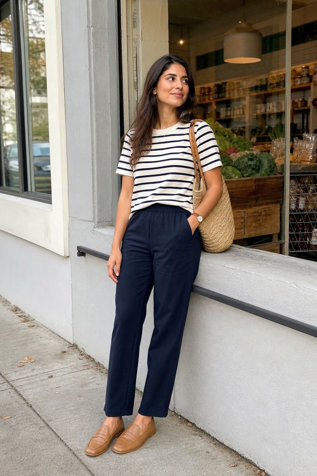 Woman wearing pull-on pants with a striped tee, a grocery store outfit