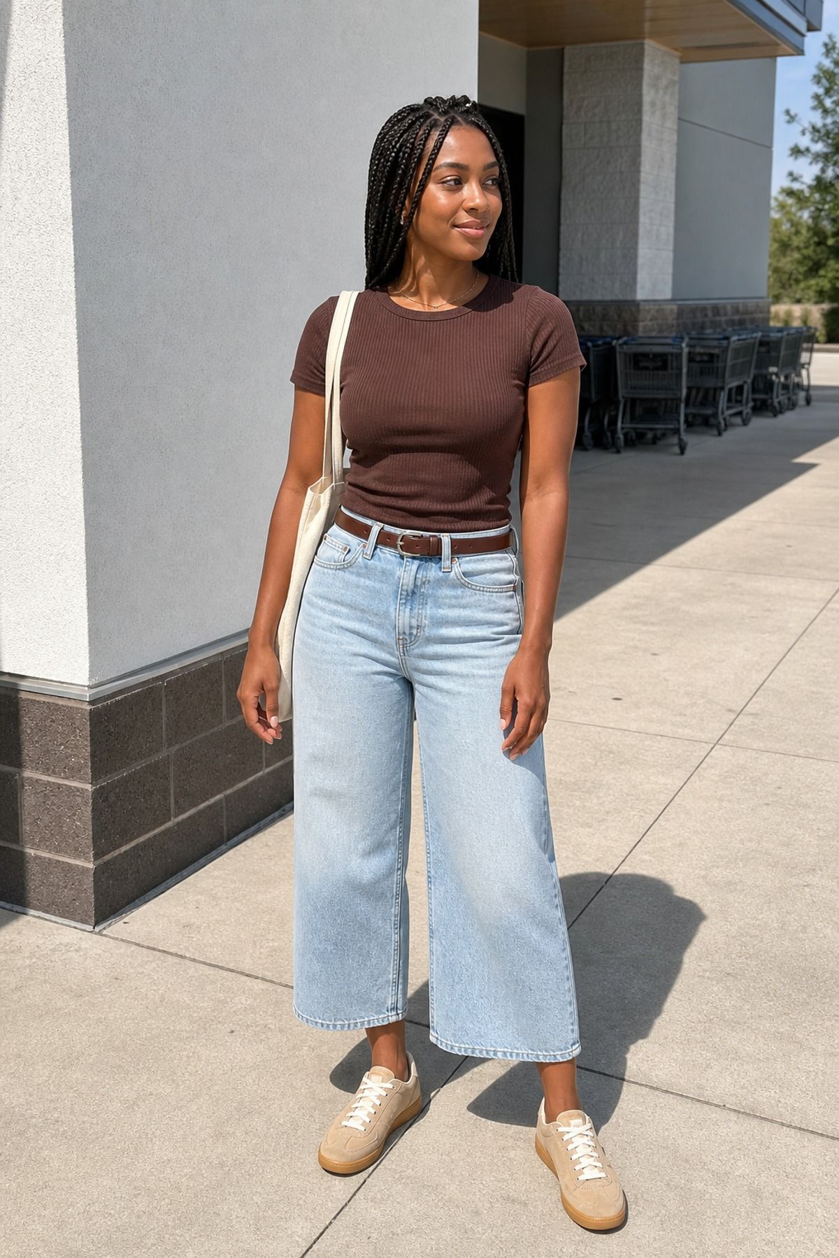 Woman wearing wide-leg jeans with a ribbed tee, a grocery store outfit