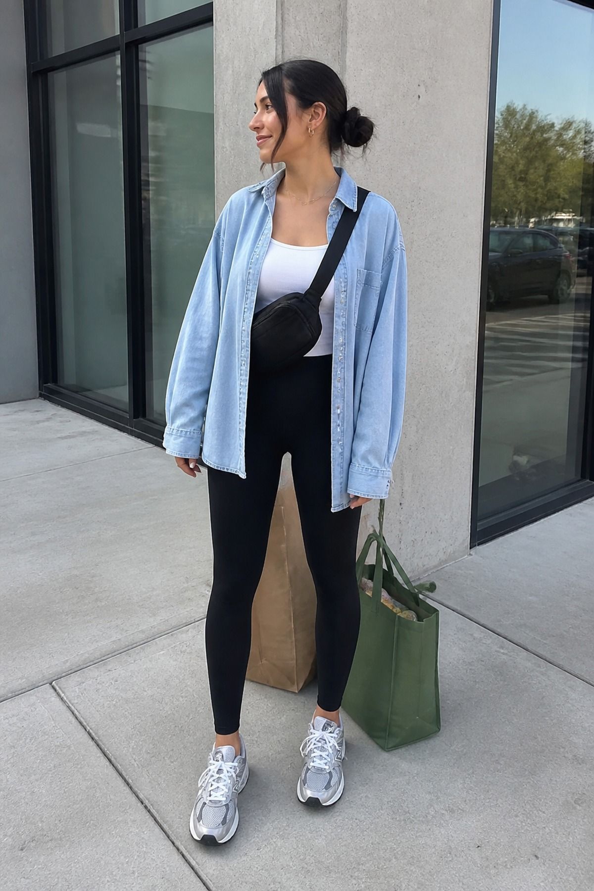 Woman wearing a chambray shirt with leggings, a grocery store outfit