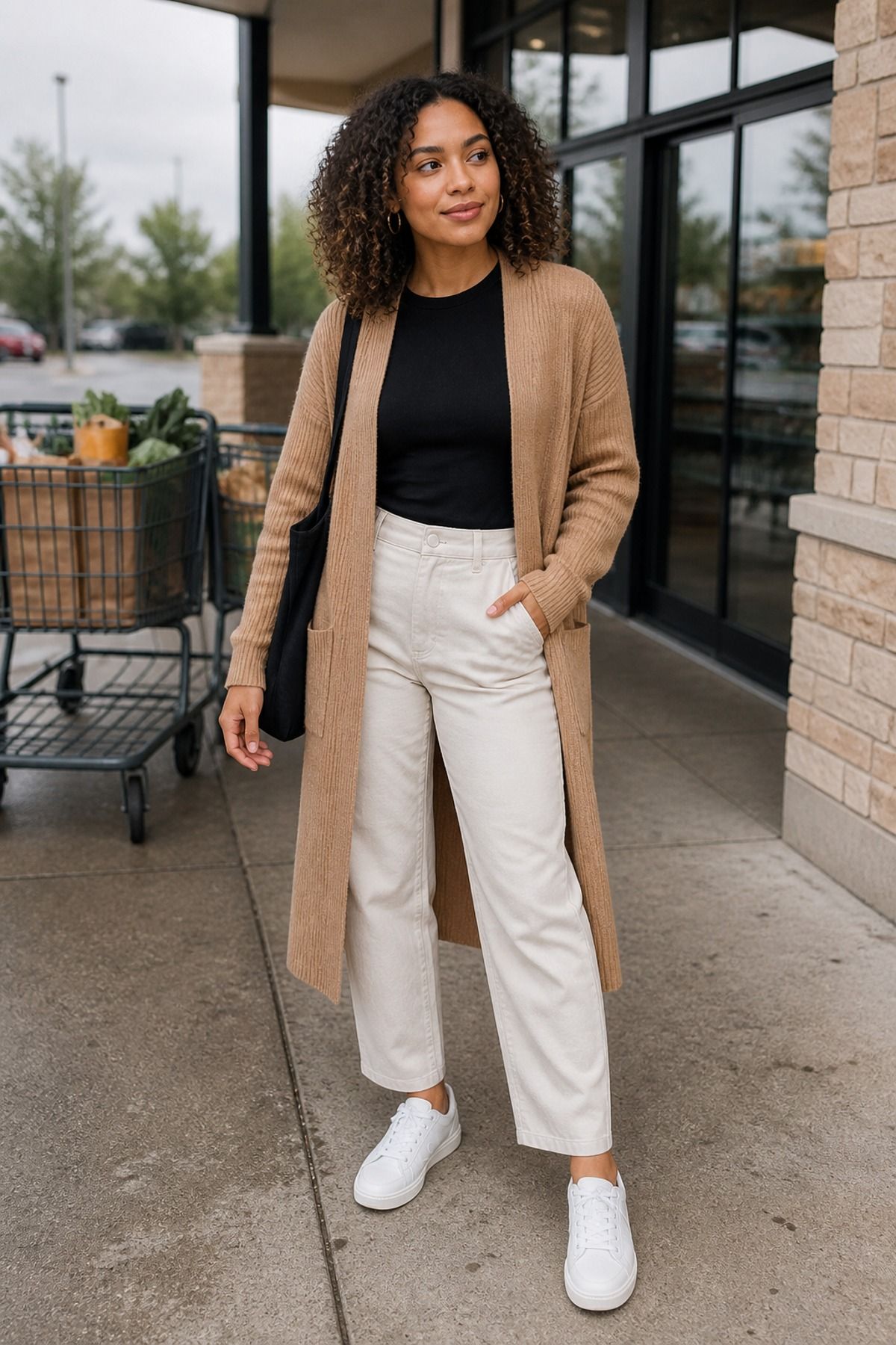 Woman wearing a cardigan coat with straight pants, a grocery store outfit