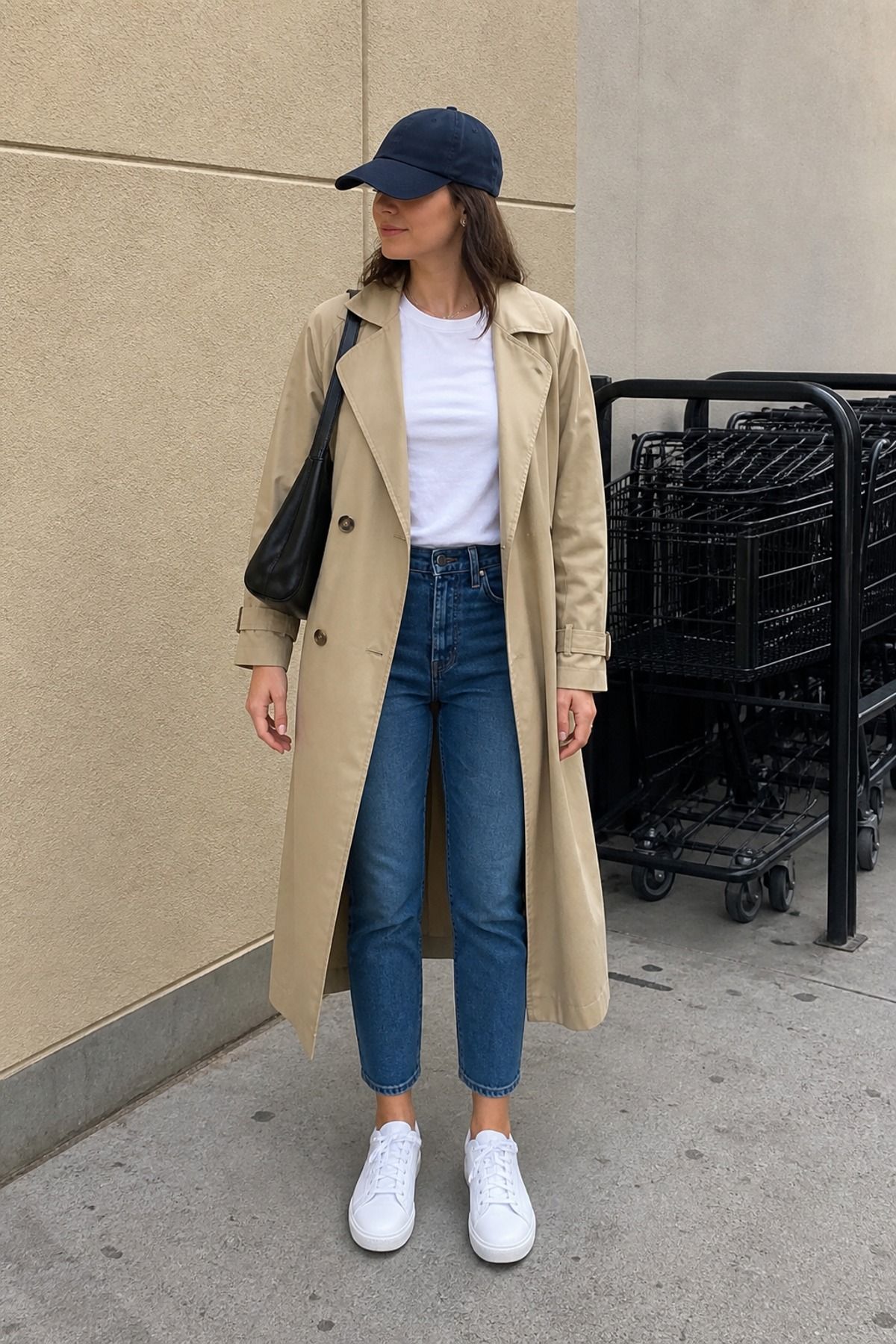 Woman wearing a baseball cap with jeans and a trench, a grocery store outfit