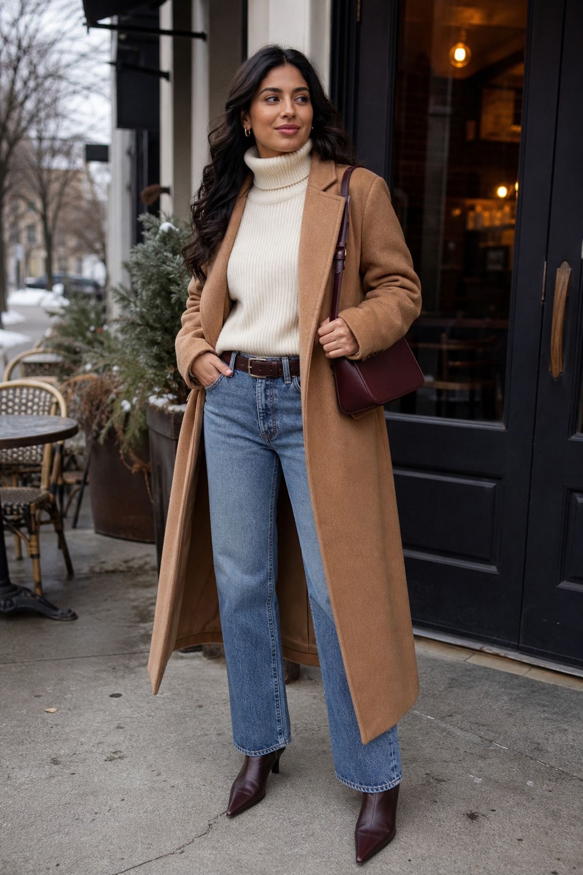 Woman wearing a camel coat with straight jeans, a long coat outfit