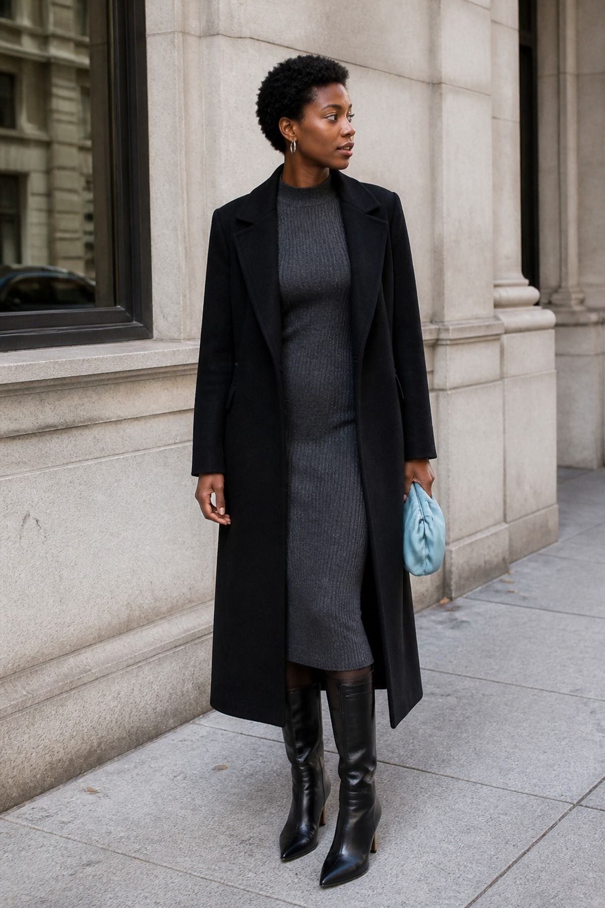 Woman wearing a black coat with a column dress, a long coat outfit