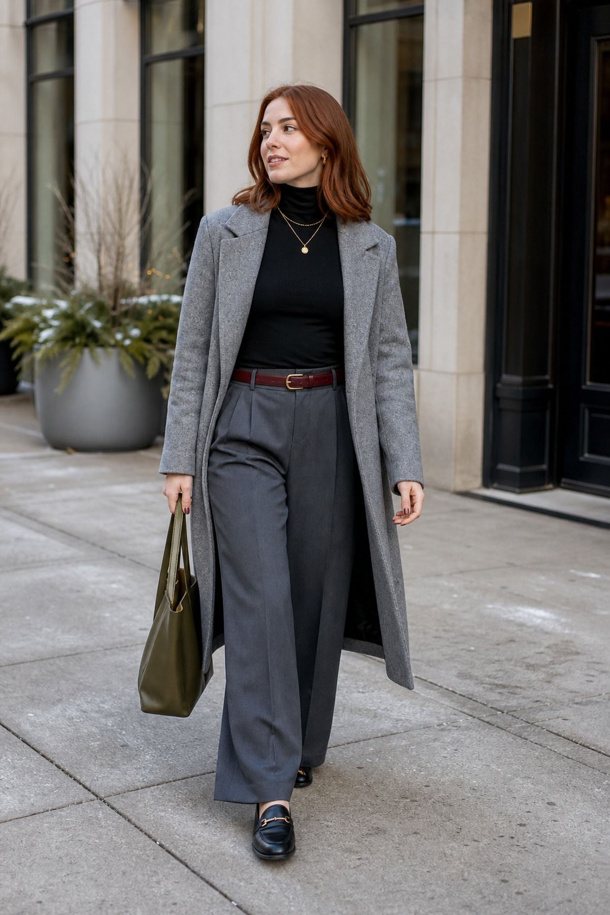 Woman wearing a grey coat with wide-leg trousers, a long coat outfit