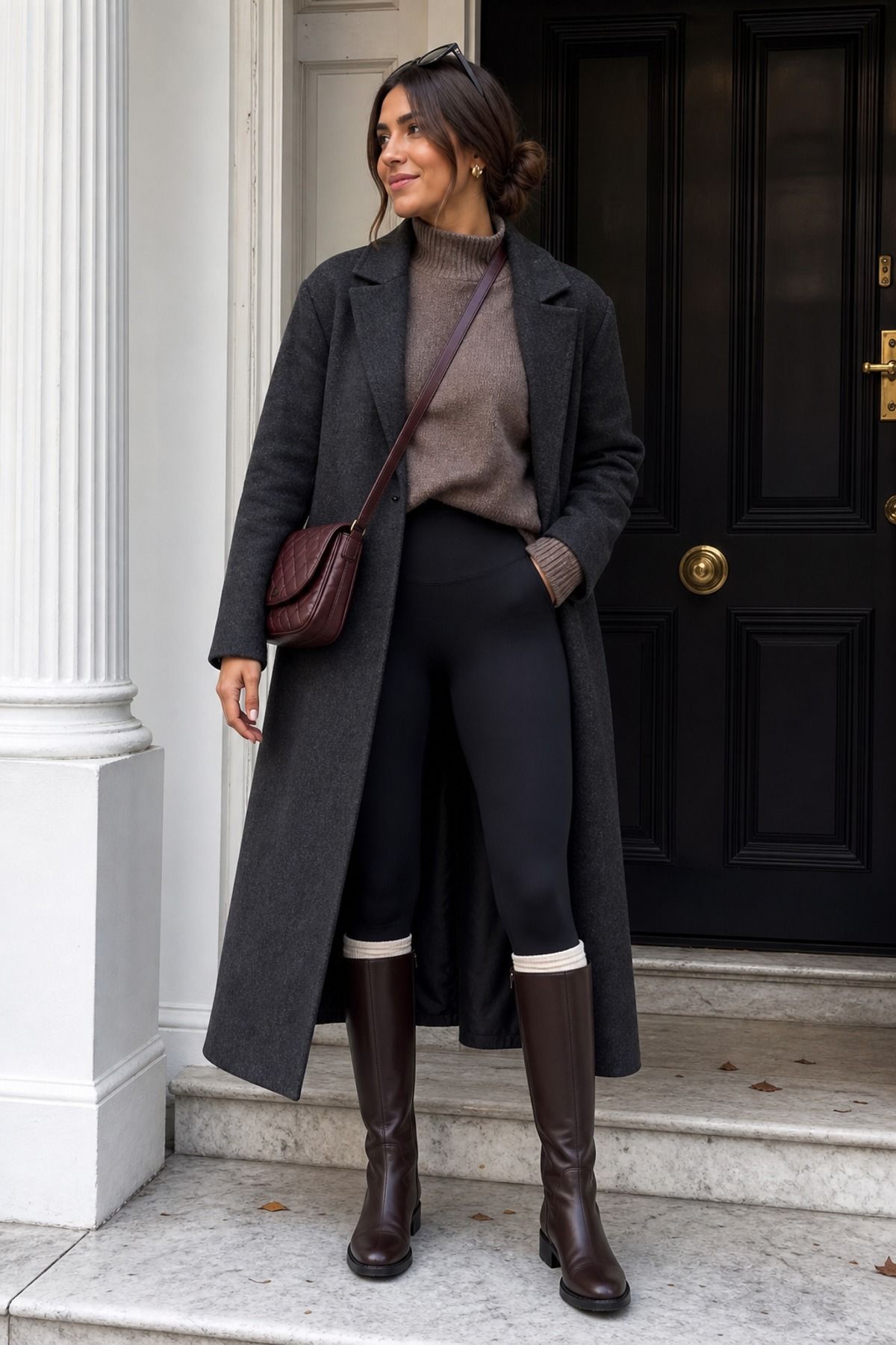 Woman wearing a long coat with leggings and boots
