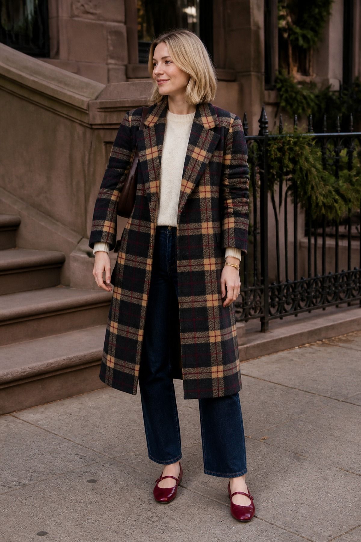 Woman wearing a plaid coat with dark denim, a long coat outfit