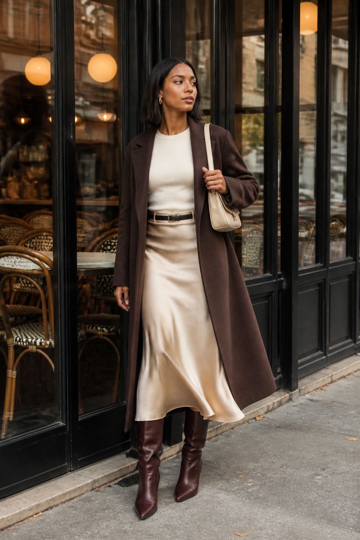 Woman wearing a long coat with a slip skirt