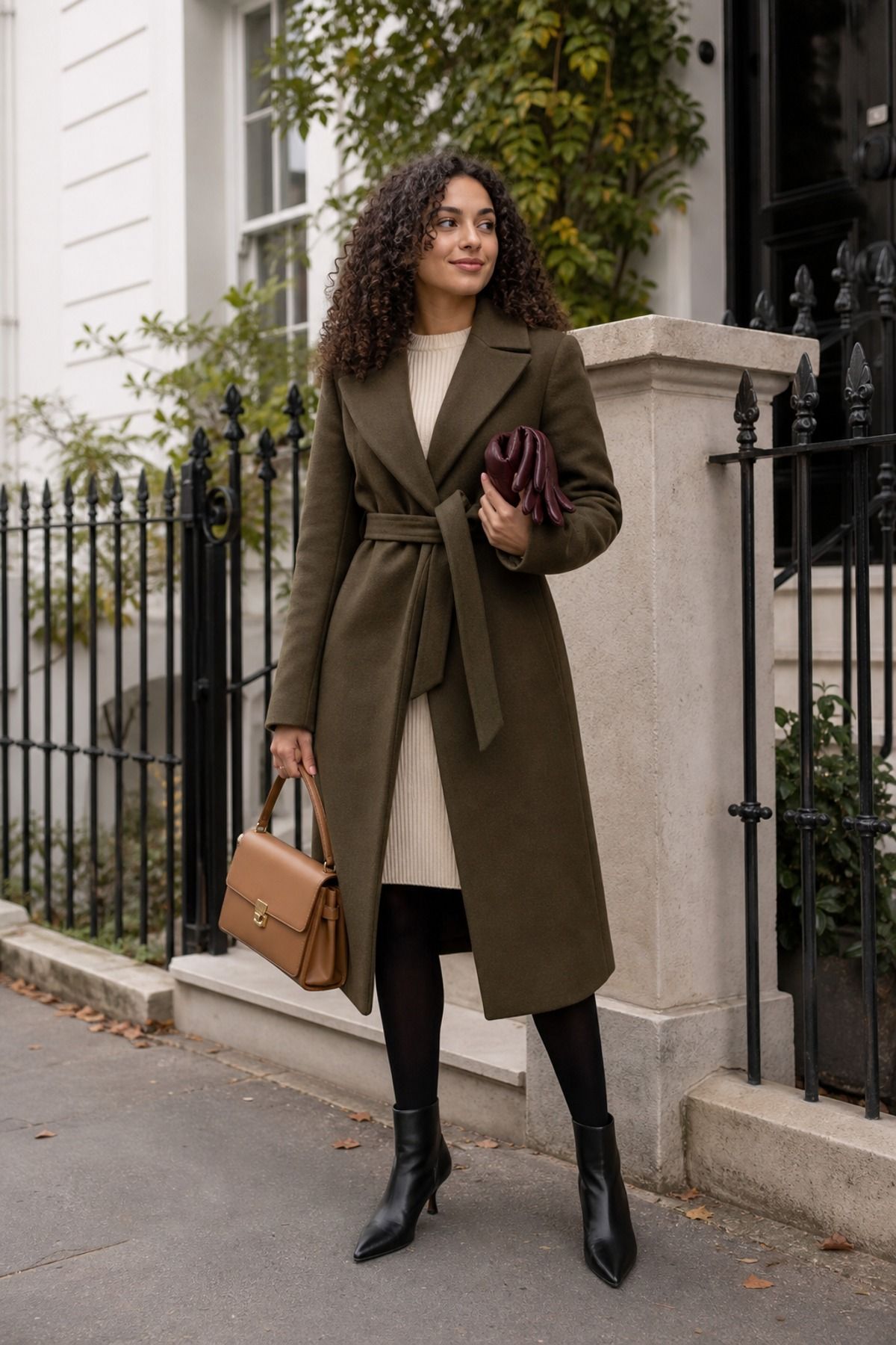 Woman wearing a belted coat with a sweater dress, a long coat outfit