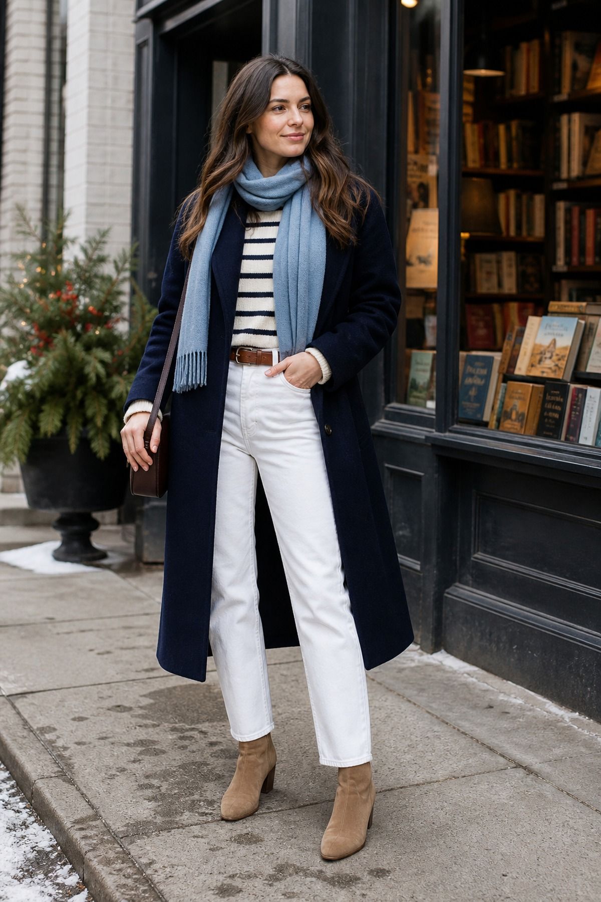 Woman wearing a navy coat with white denim, a long coat outfit