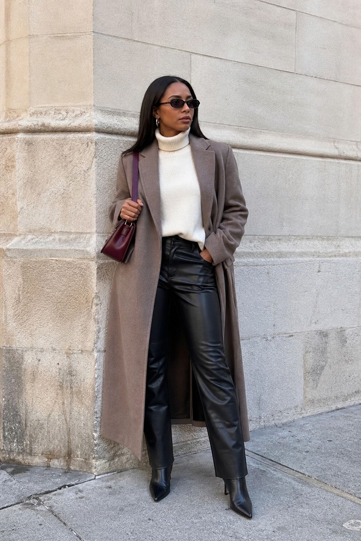 Woman wearing a long coat with leather pants