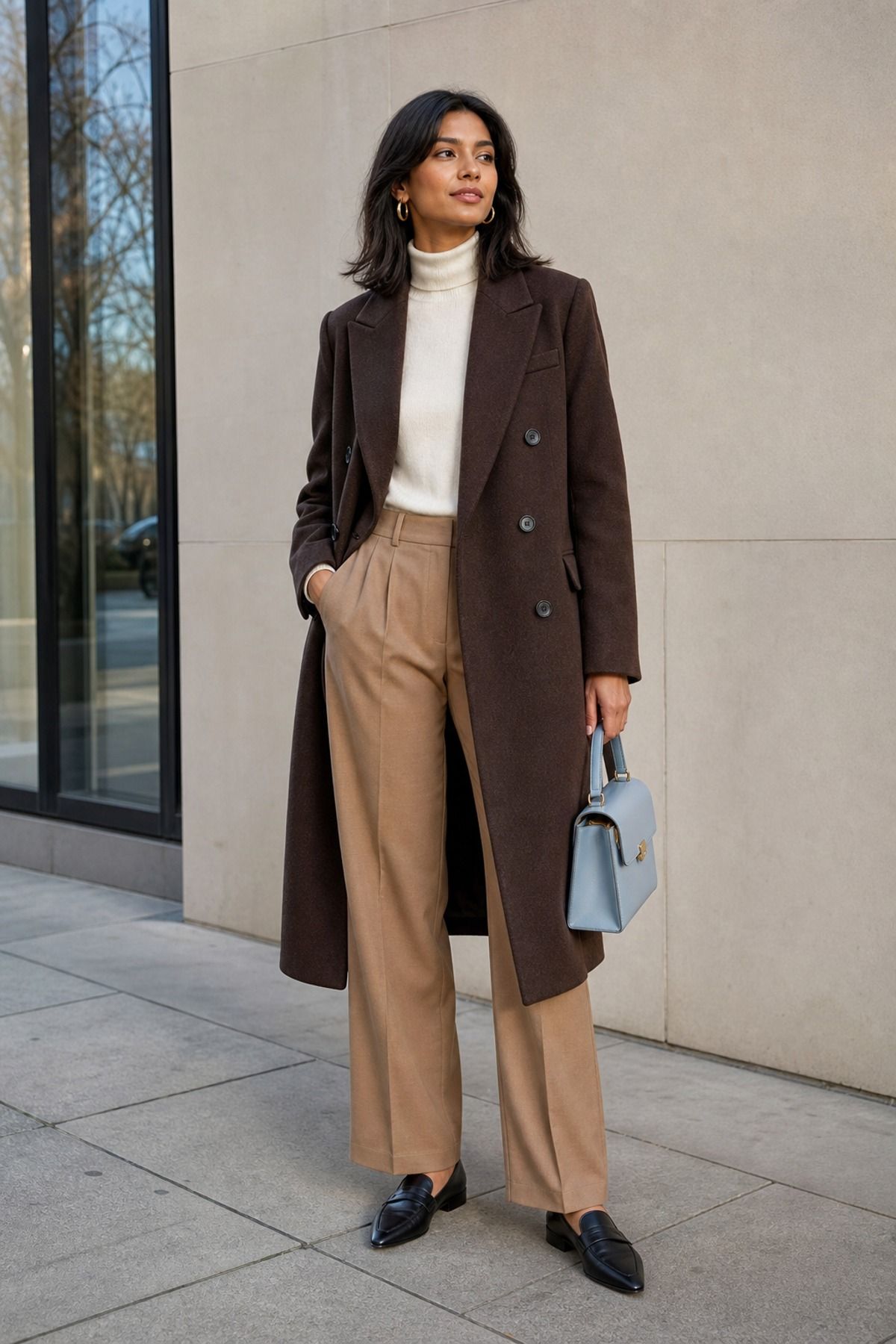 Woman wearing a double-breasted coat with trousers, a long coat outfit