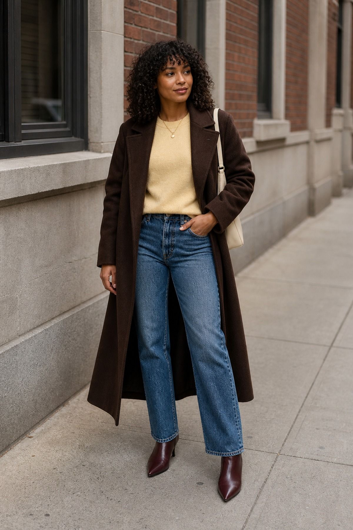 Woman wearing a chocolate coat with blue jeans, a long coat outfit