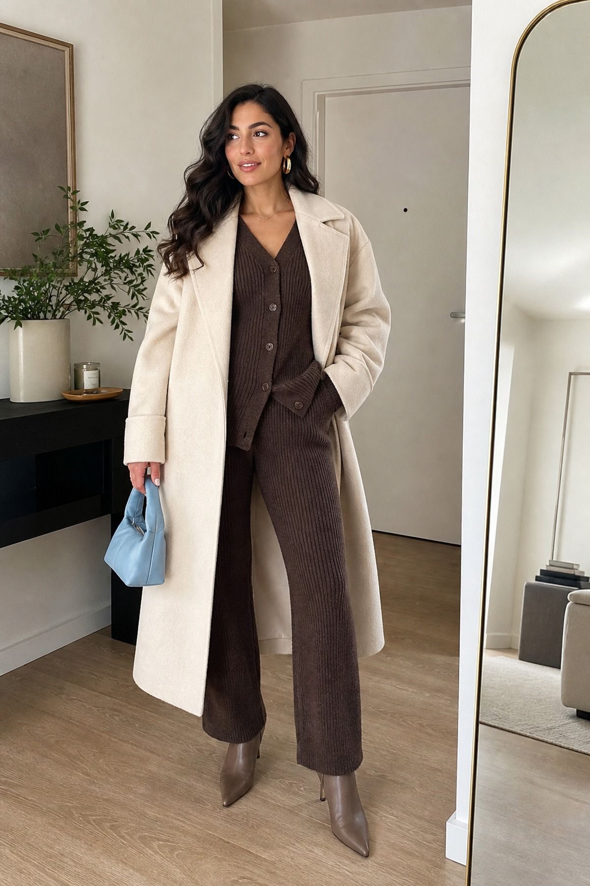 Woman wearing a long coat with a matching knit set
