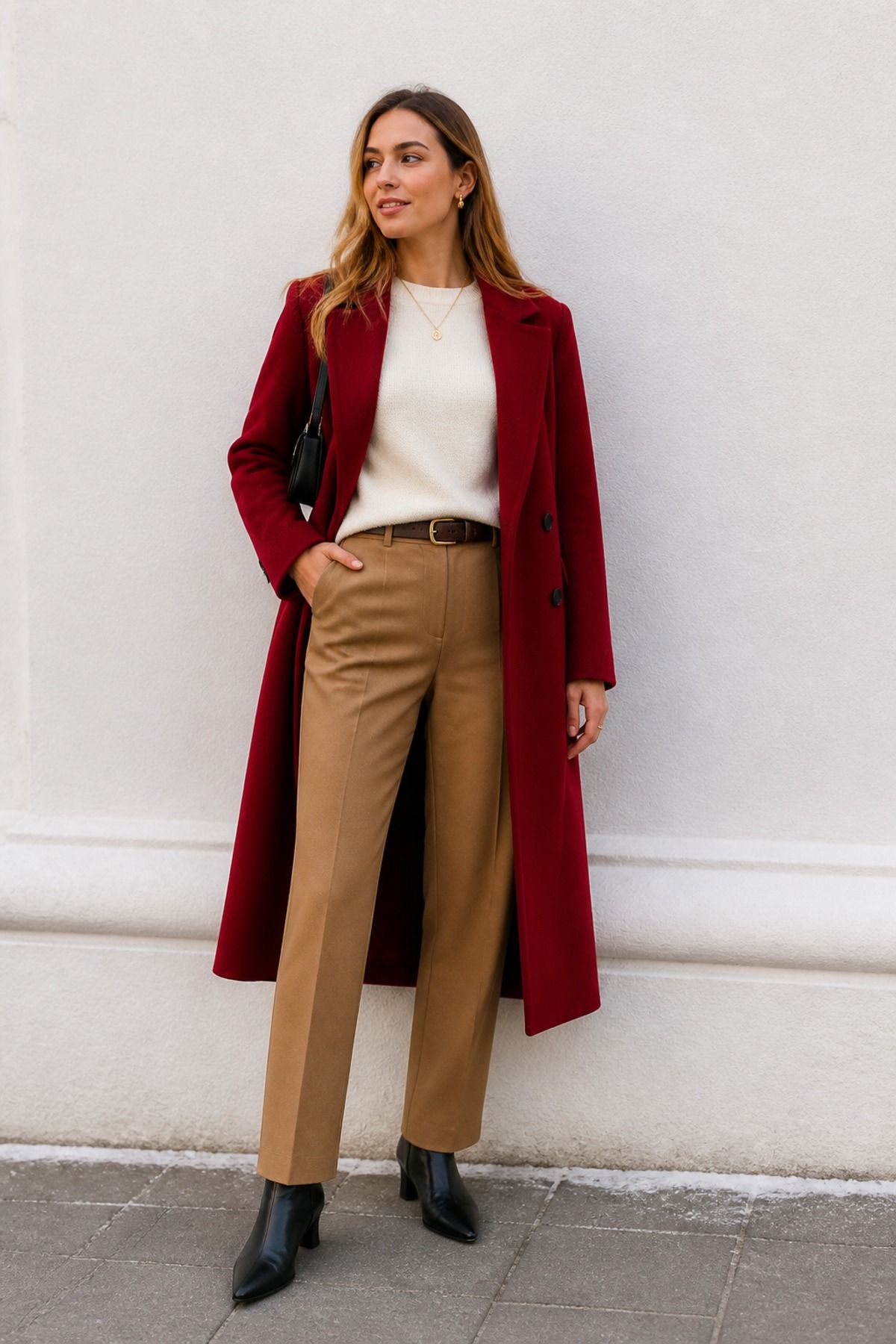 Woman wearing a red coat with neutral basics, a long coat outfit