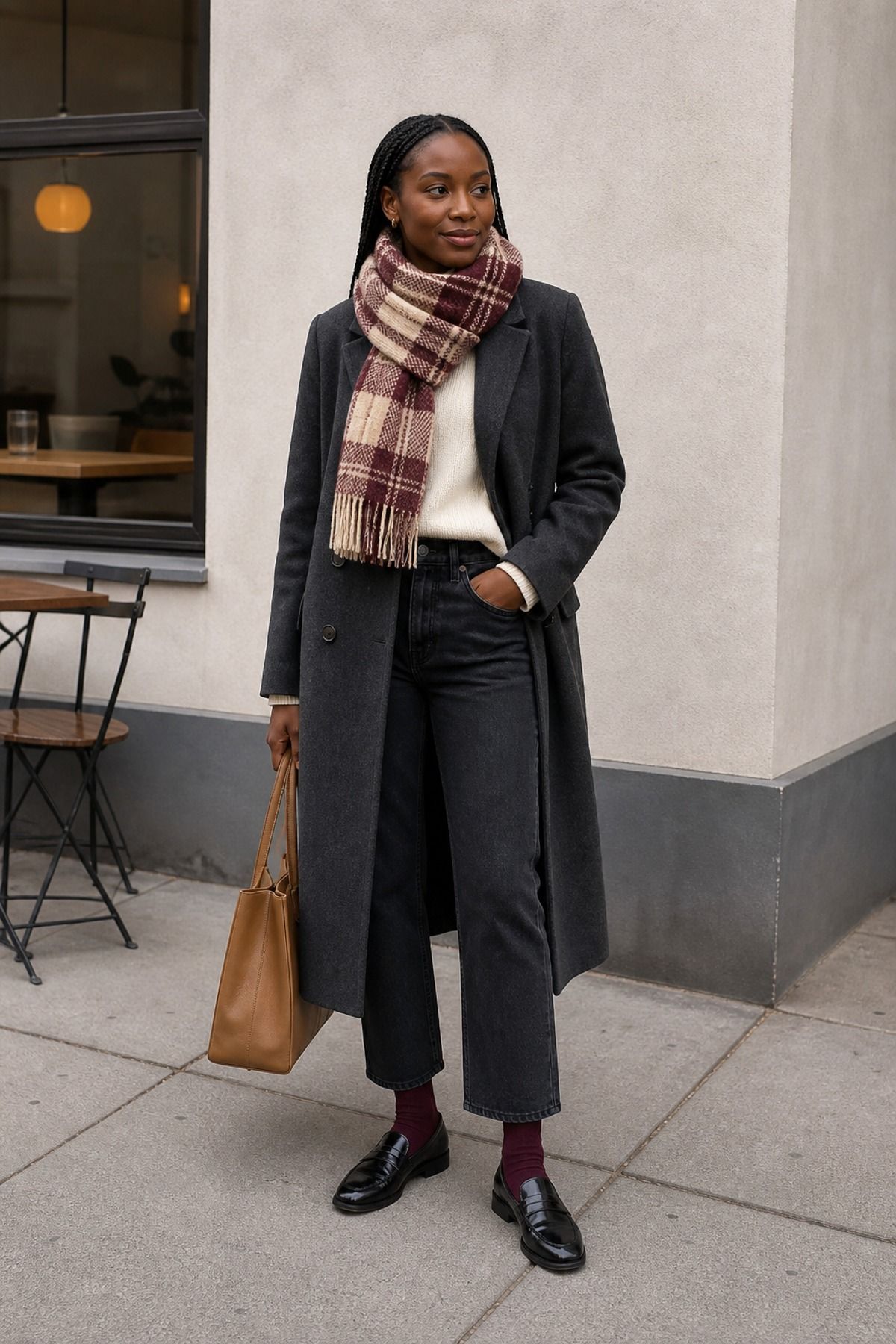 Woman wearing a long coat with a scarf and loafers